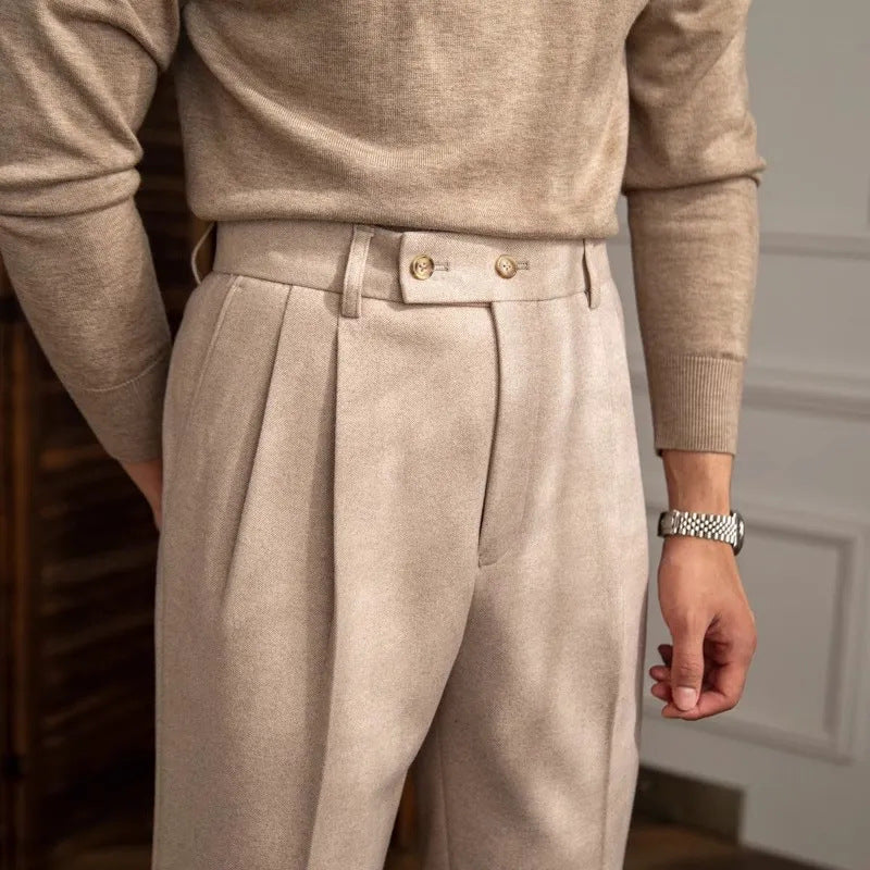 Pleated Wool-Blend Trousers with Tab Closure