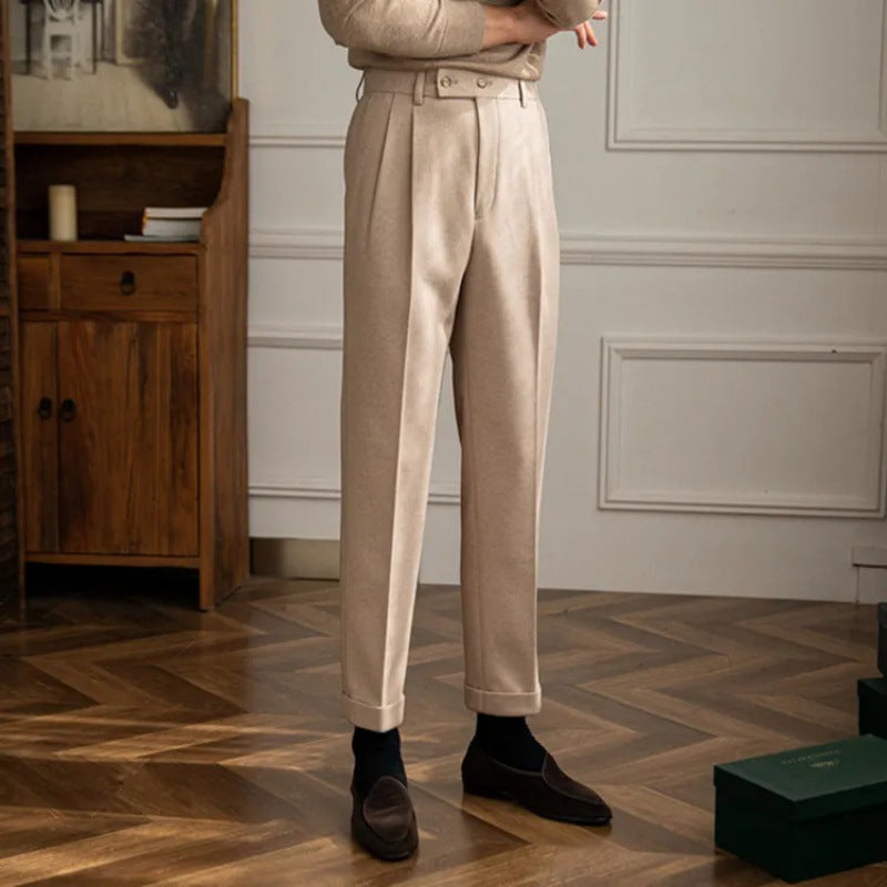 Pleated Wool-Blend Trousers with Tab Closure