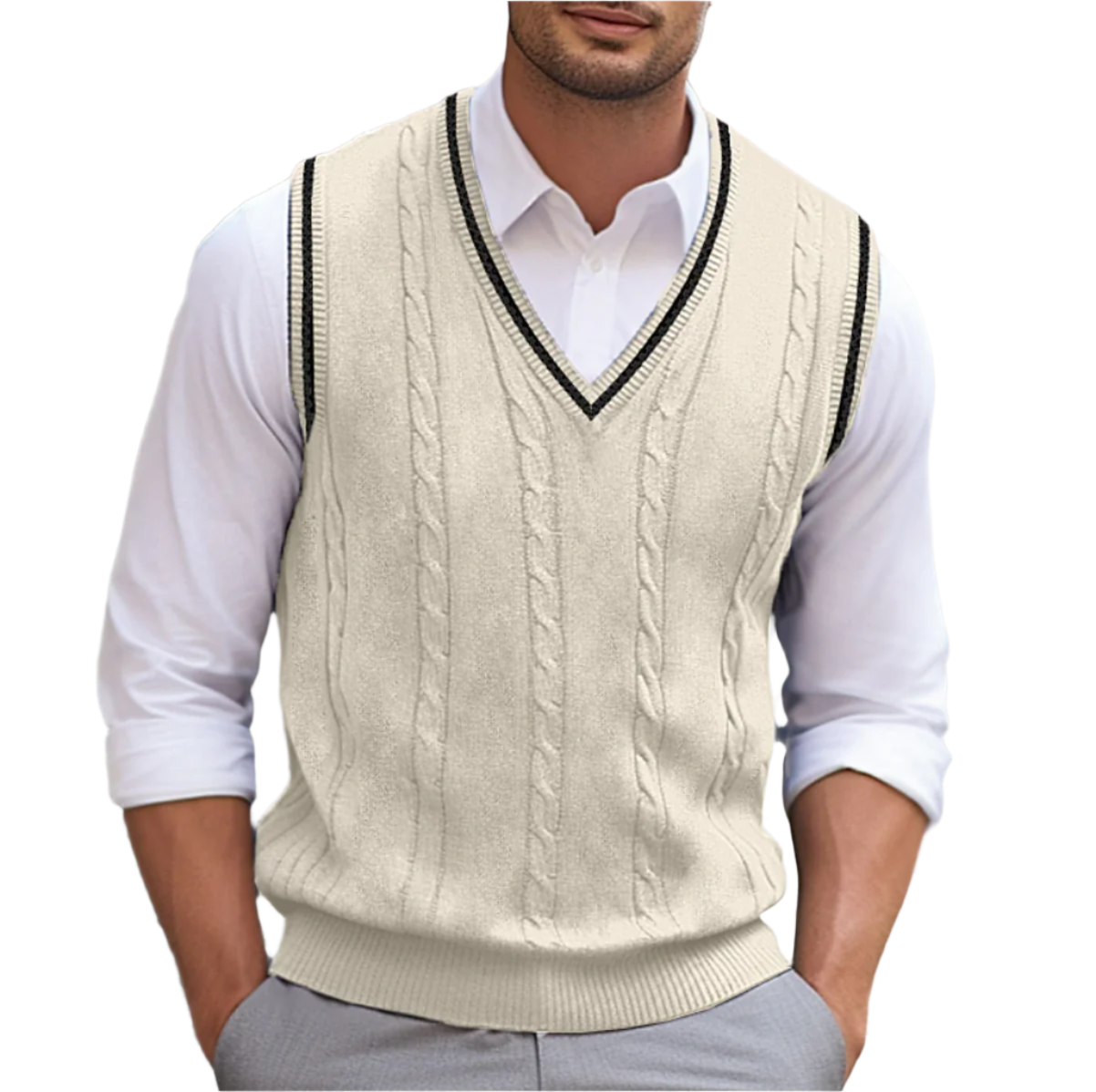 Cable-Knit V-Neck Sweater Vest with Contrast Trim