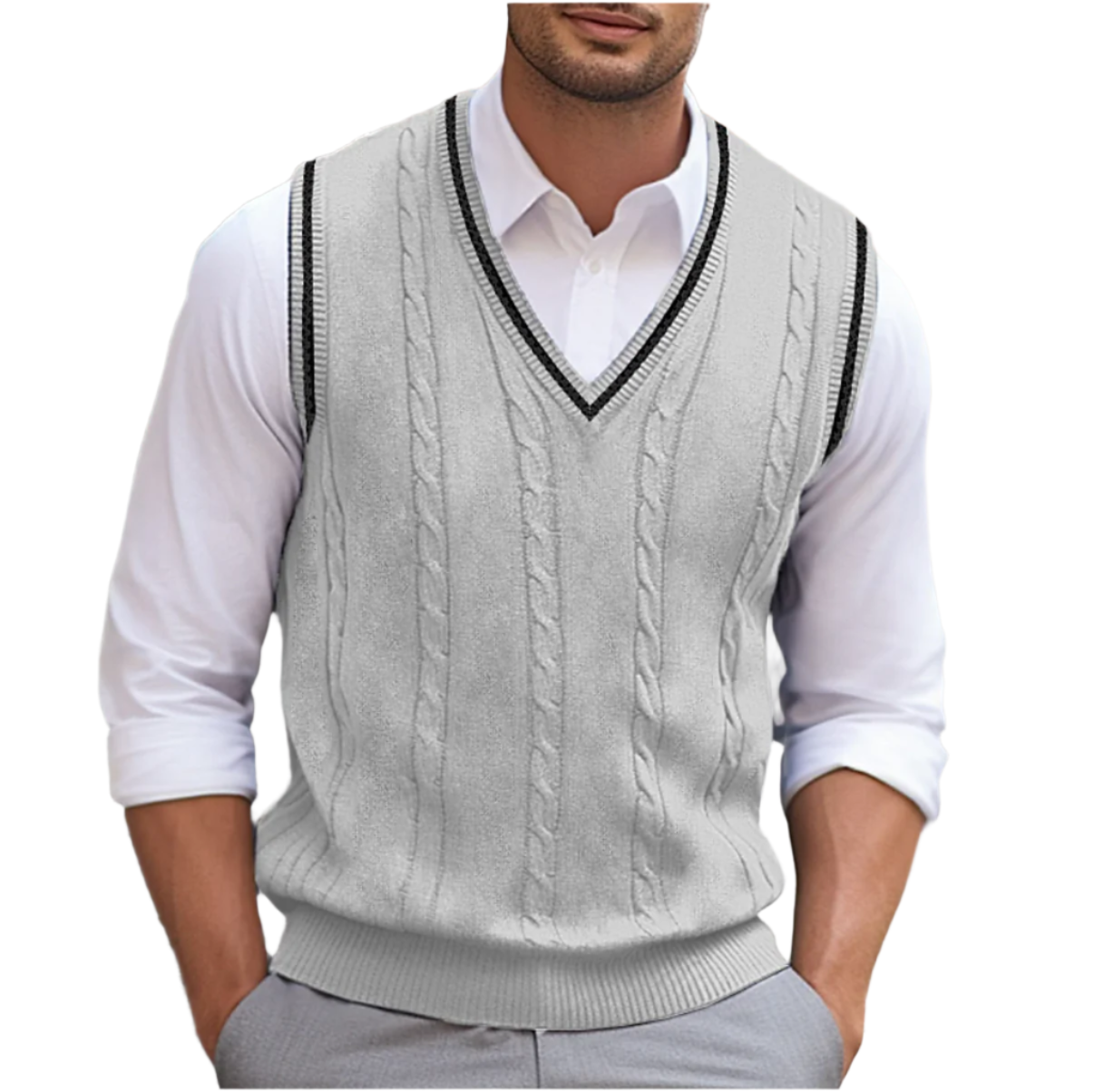 Cable-Knit V-Neck Sweater Vest with Contrast Trim