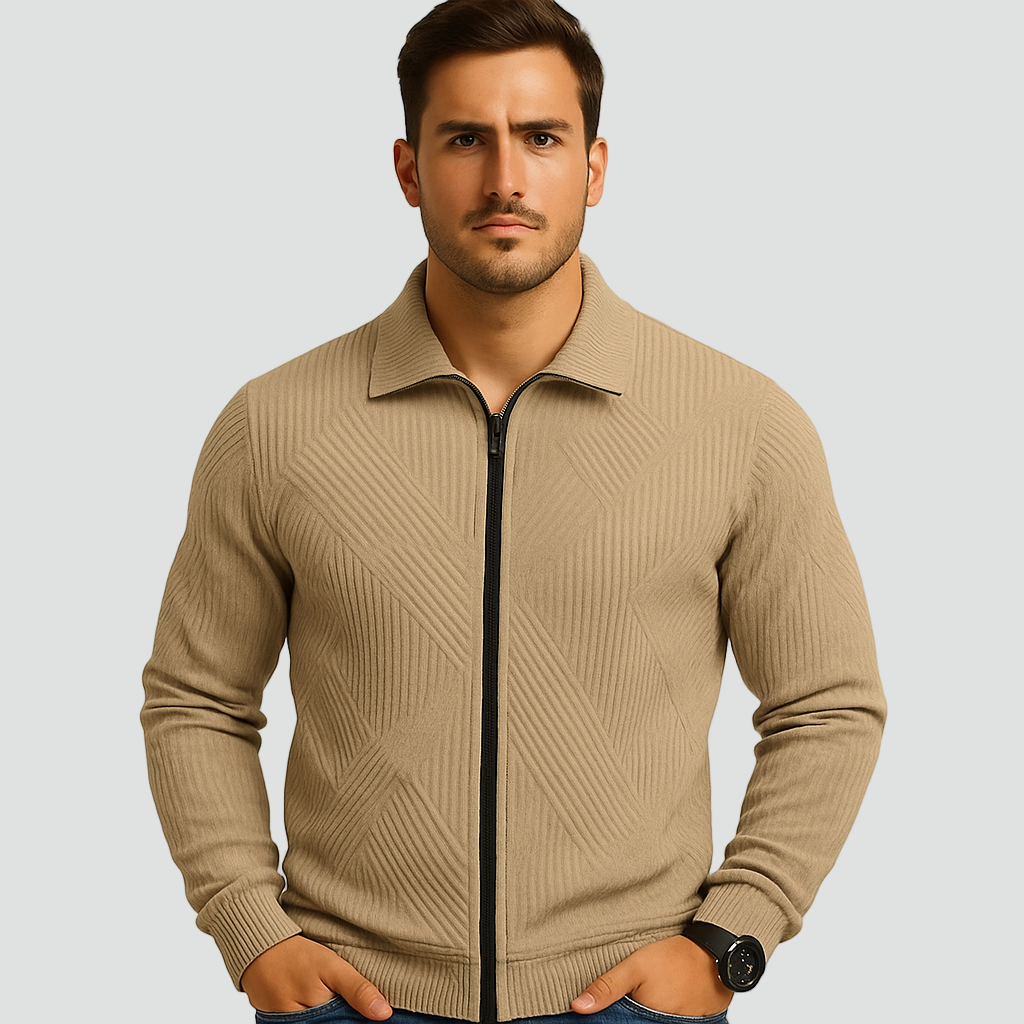 Men's Textured Full-Zip Knit Jacket with Polo Collar