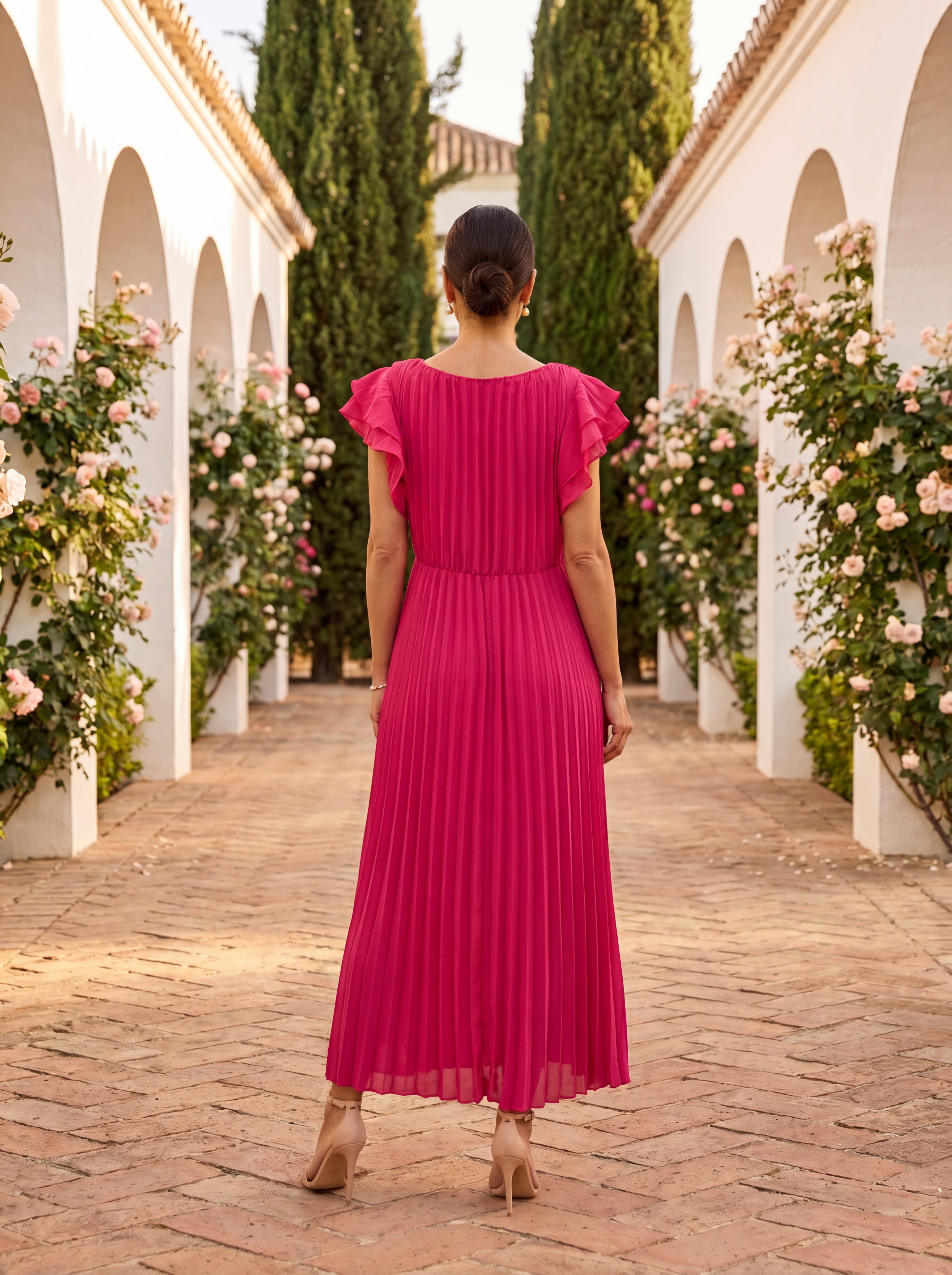 Women's Pleated Flutter Sleeve Midi Dress