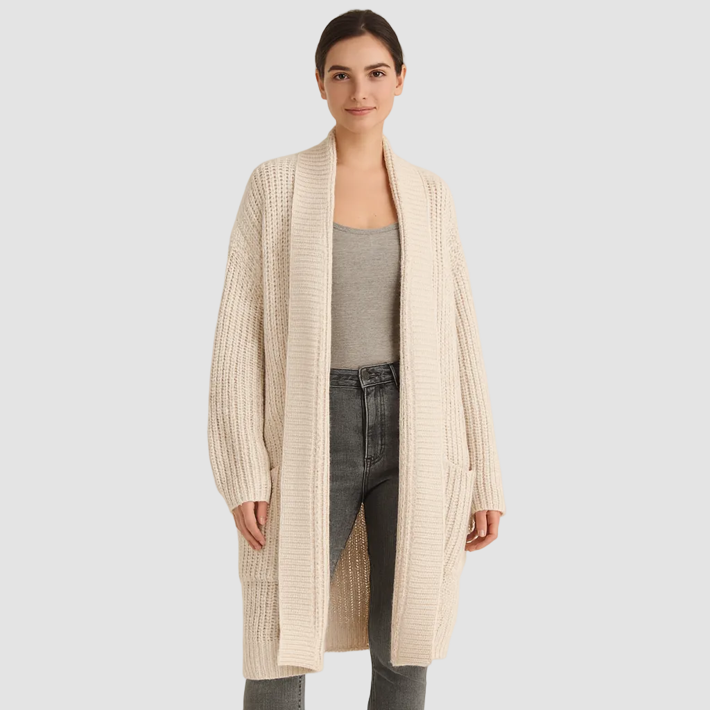 Women's Long Chunky Knit Open-Front Cardigan with Pockets