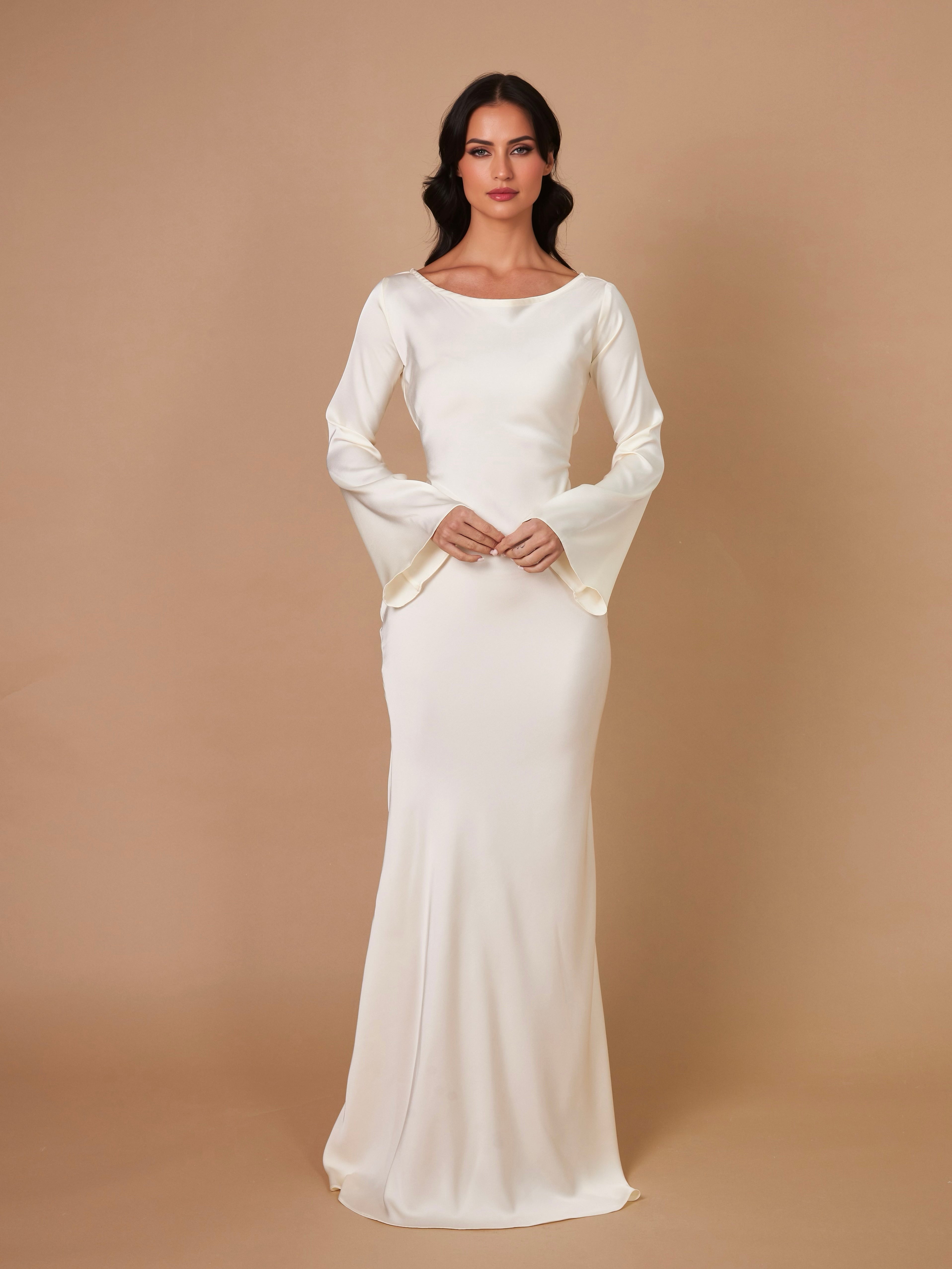 Women's Elegant Long Sleeve Satin Maxi Dress with Waist Tie