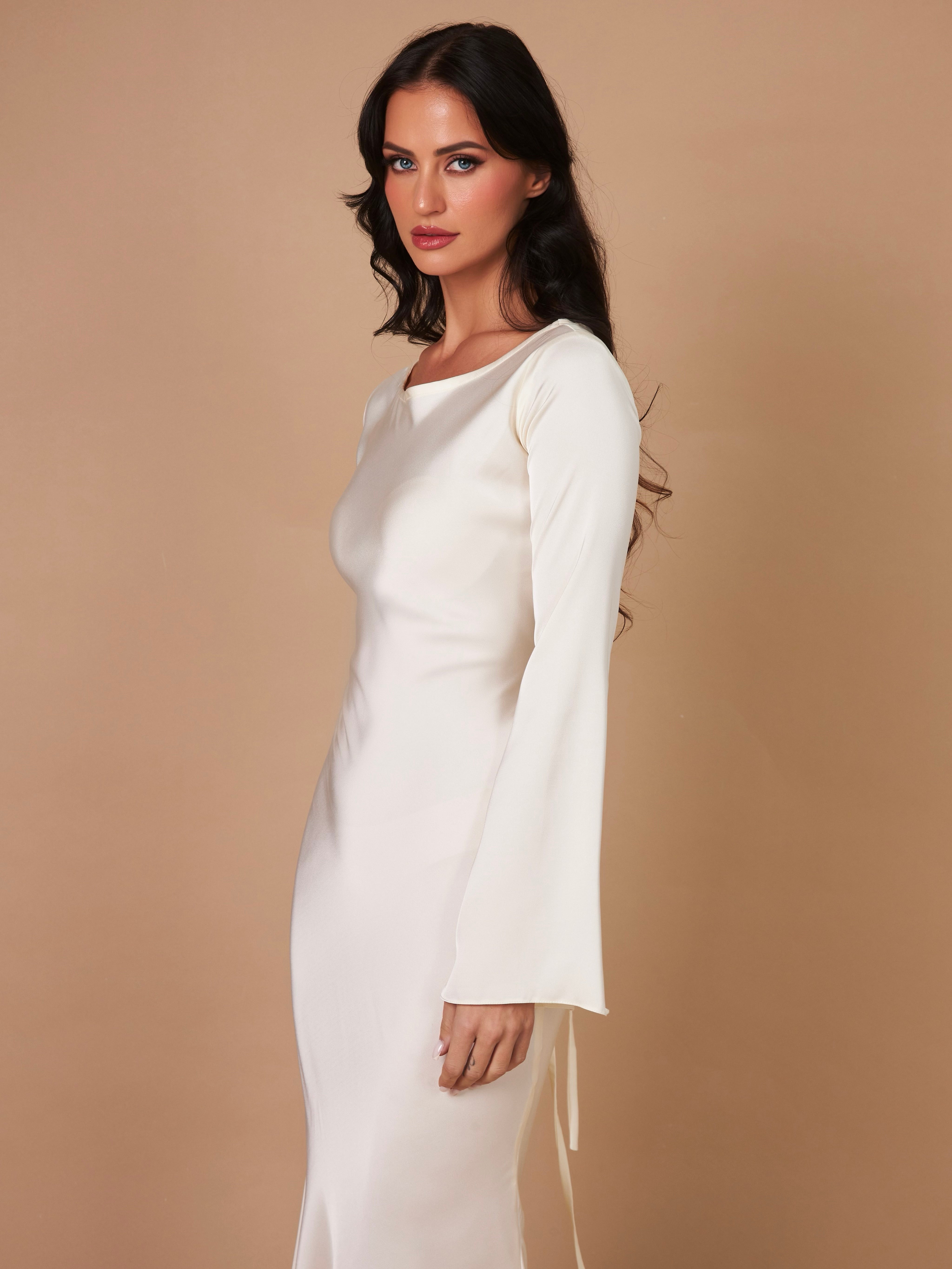 Women's Elegant Long Sleeve Satin Maxi Dress with Waist Tie