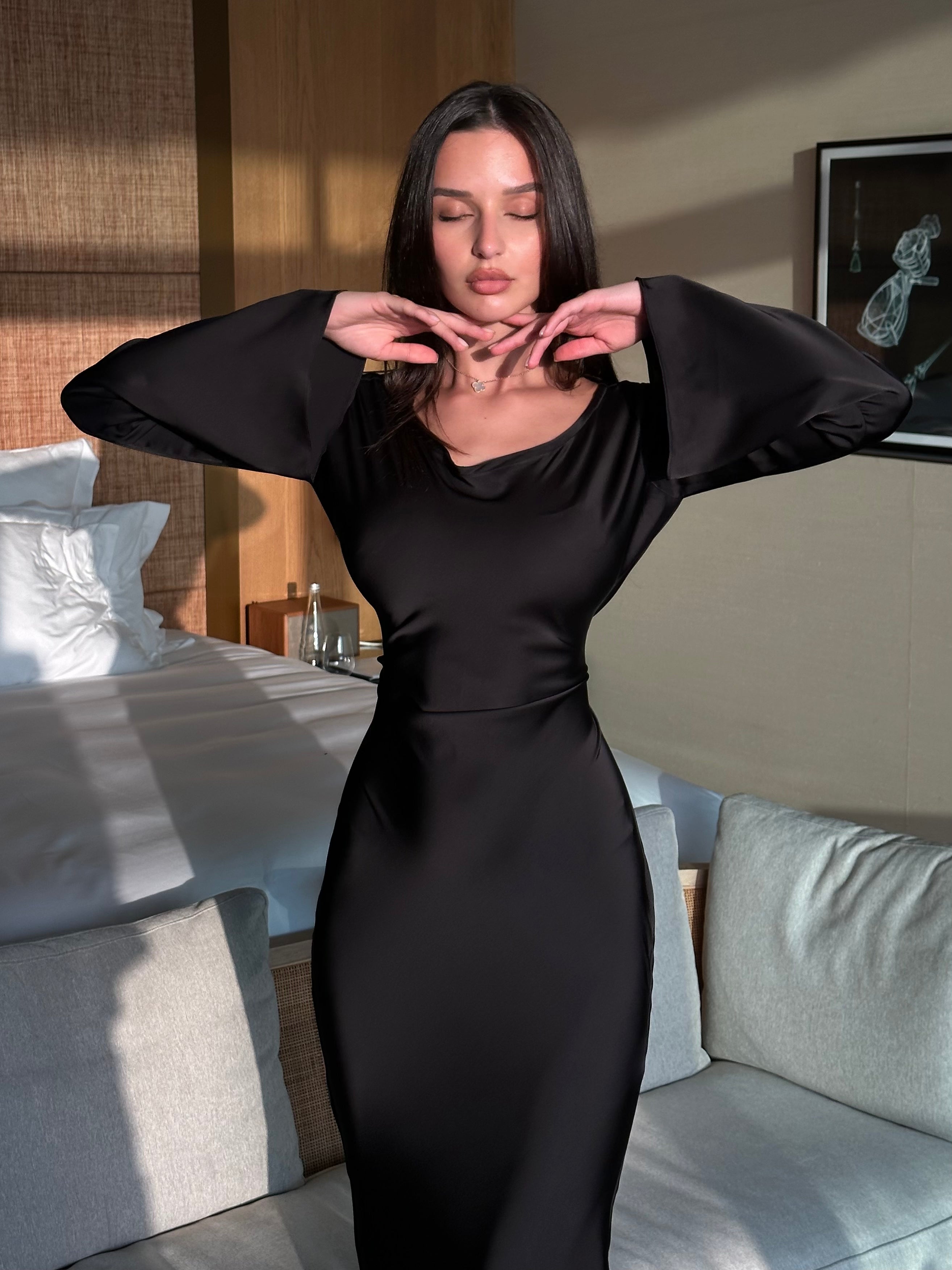 Women's Elegant Long Sleeve Satin Maxi Dress with Waist Tie