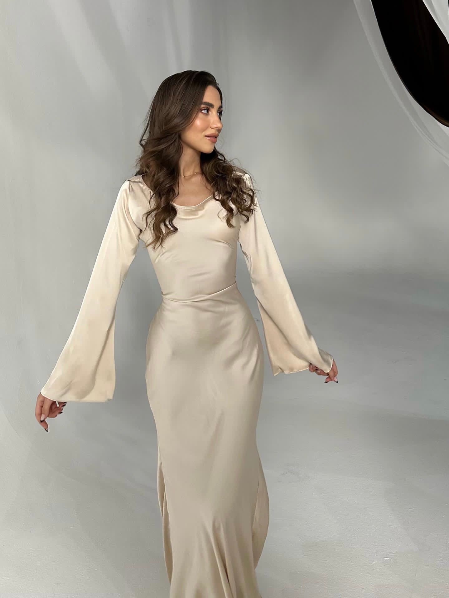 Women's Elegant Long Sleeve Satin Maxi Dress with Waist Tie