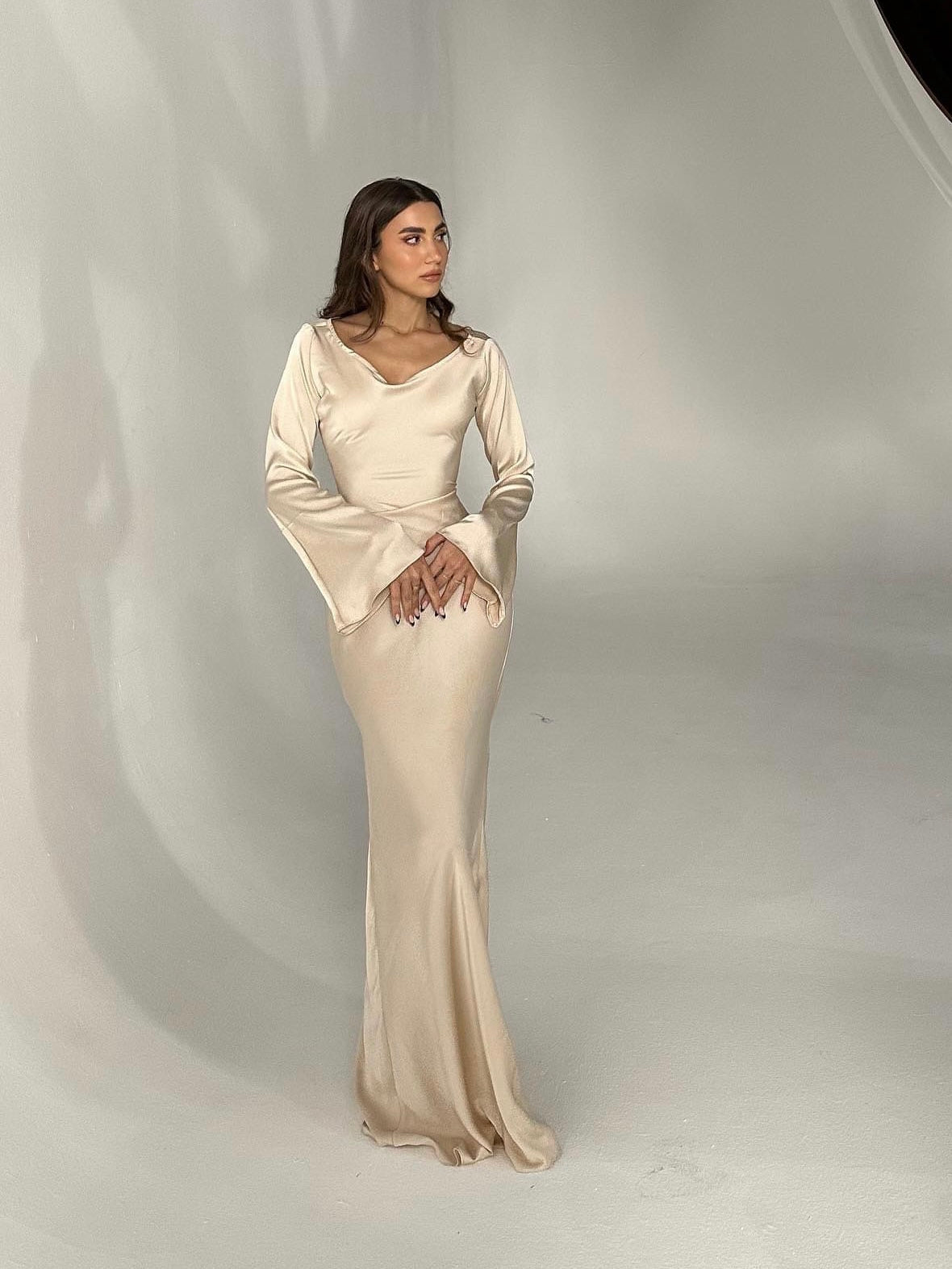 Women's Elegant Long Sleeve Satin Maxi Dress with Waist Tie