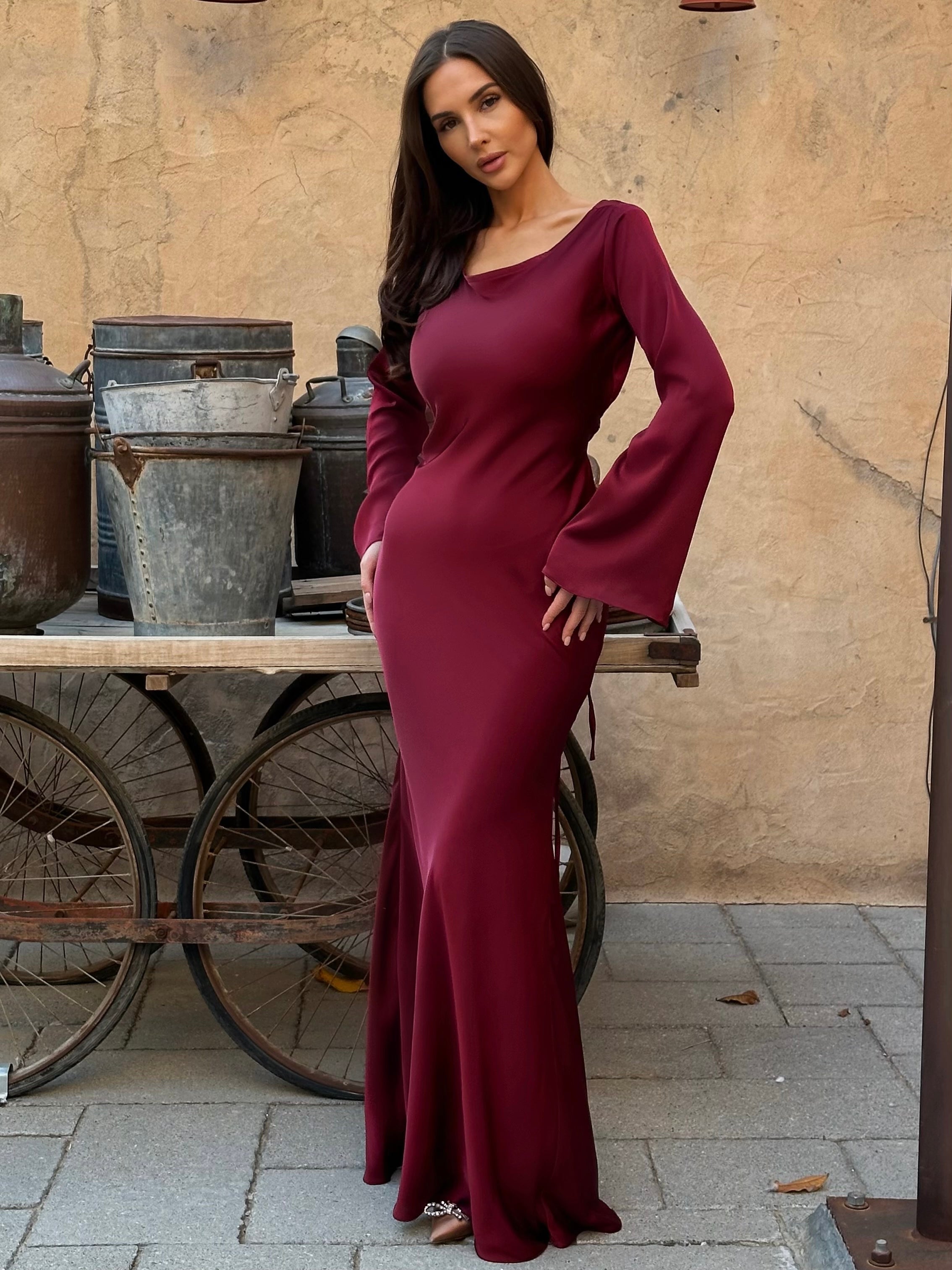 Women's Elegant Long Sleeve Satin Maxi Dress with Waist Tie