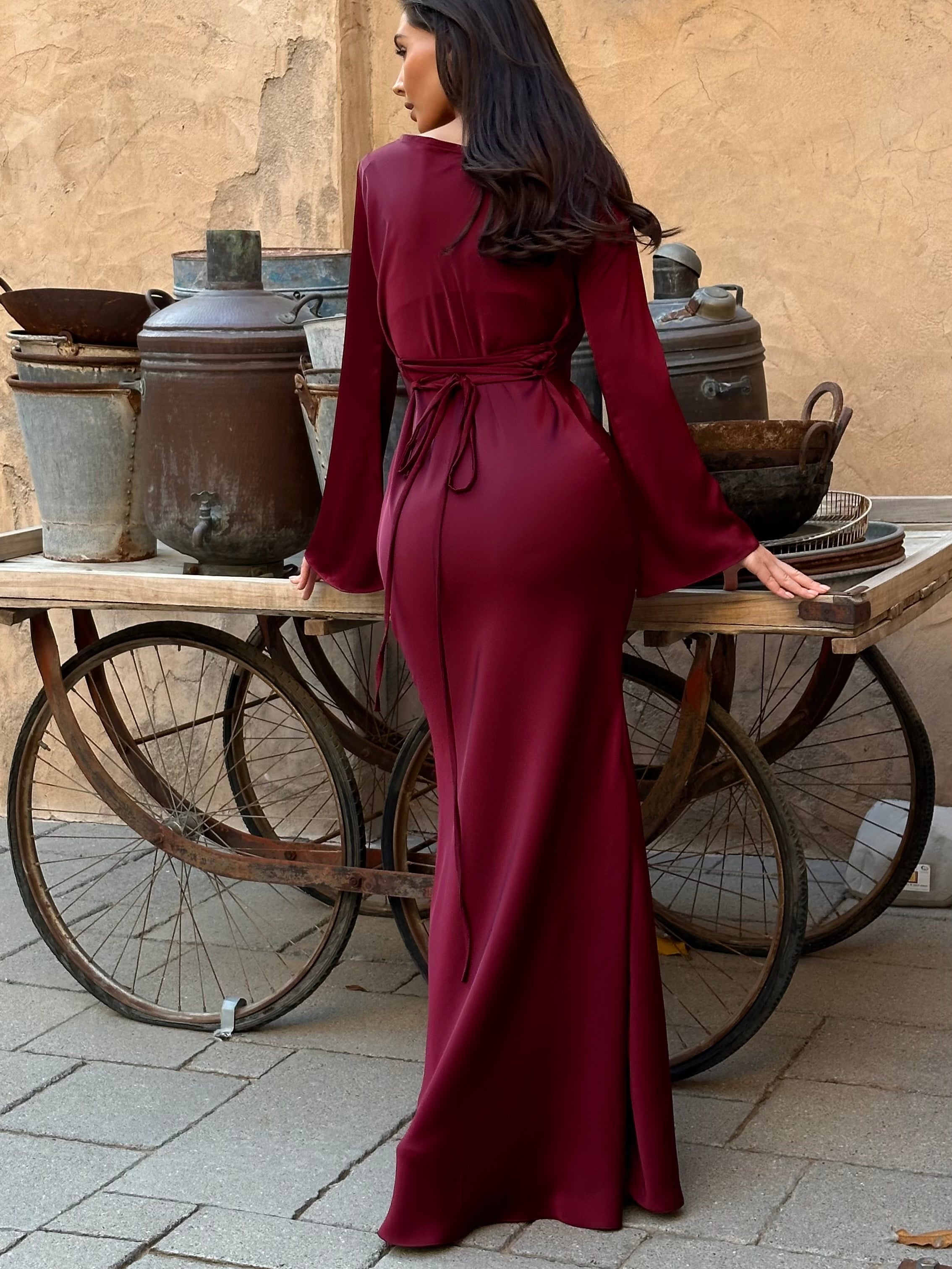 Women's Elegant Long Sleeve Satin Maxi Dress with Waist Tie