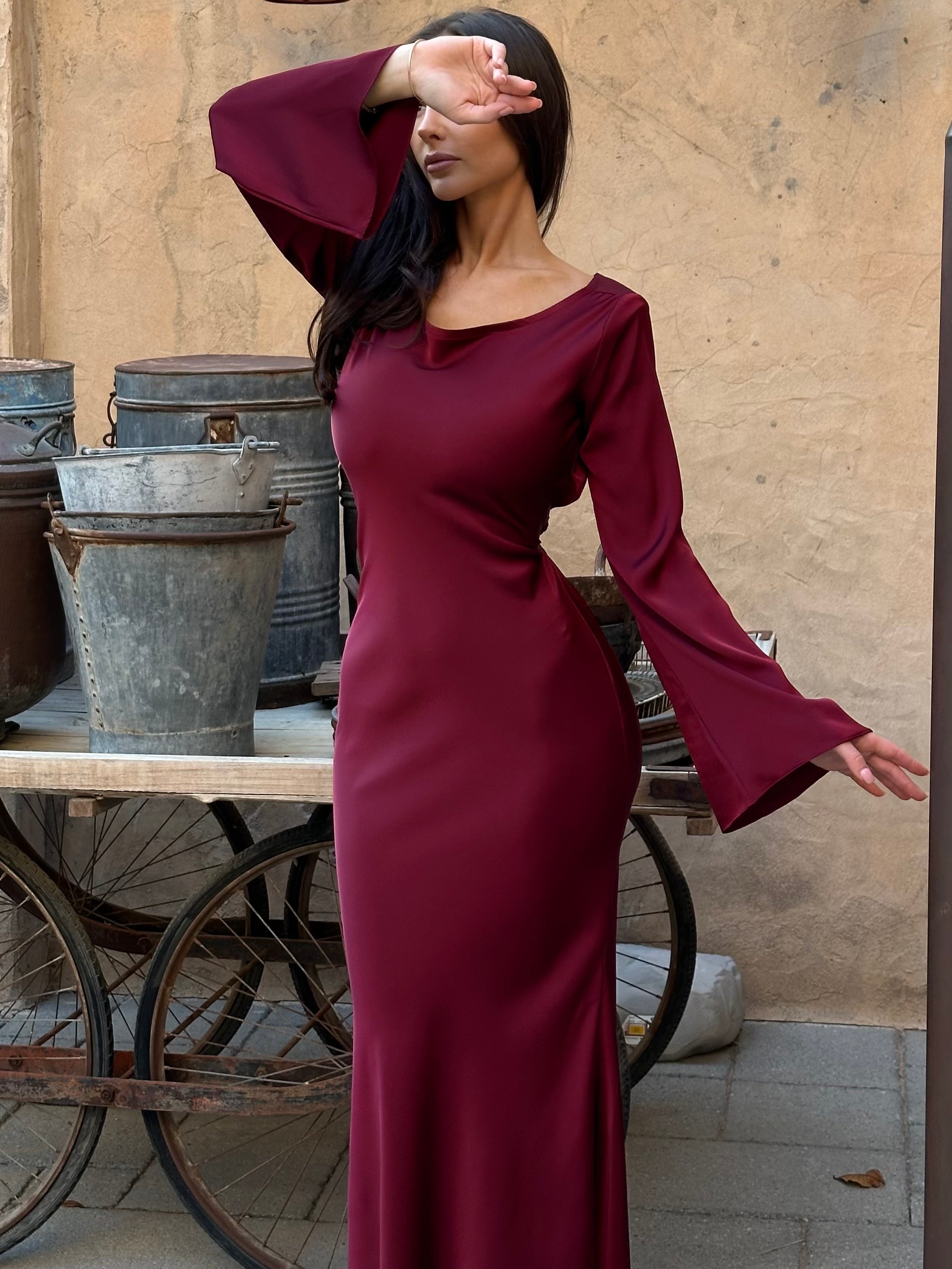 Women's Elegant Long Sleeve Satin Maxi Dress with Waist Tie
