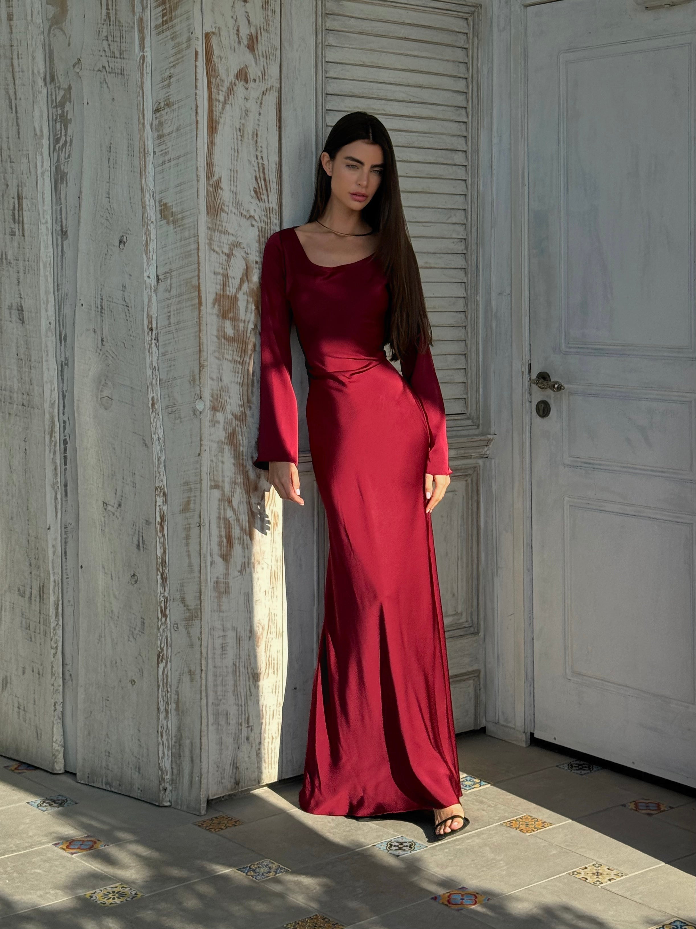 Women's Elegant Long Sleeve Satin Maxi Dress with Waist Tie