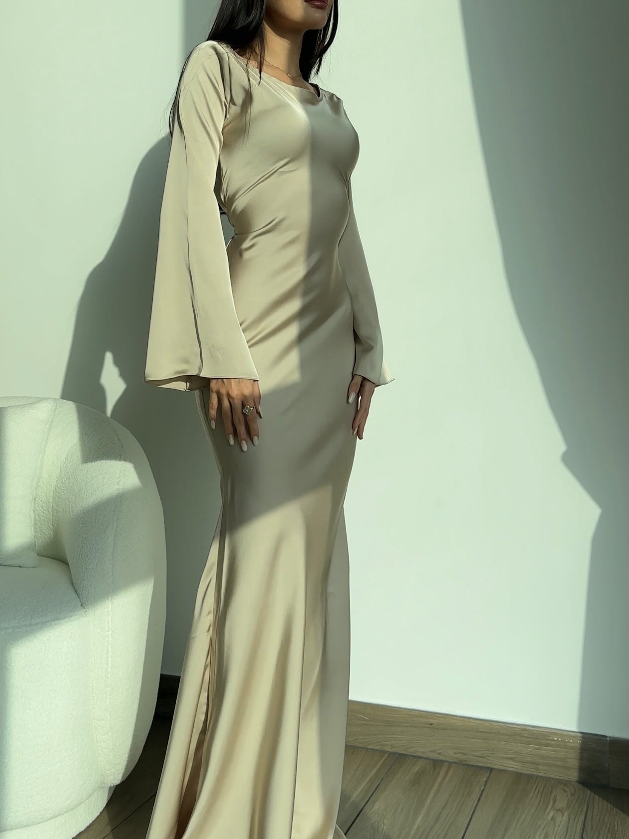 Women's Elegant Long Sleeve Satin Maxi Dress with Waist Tie