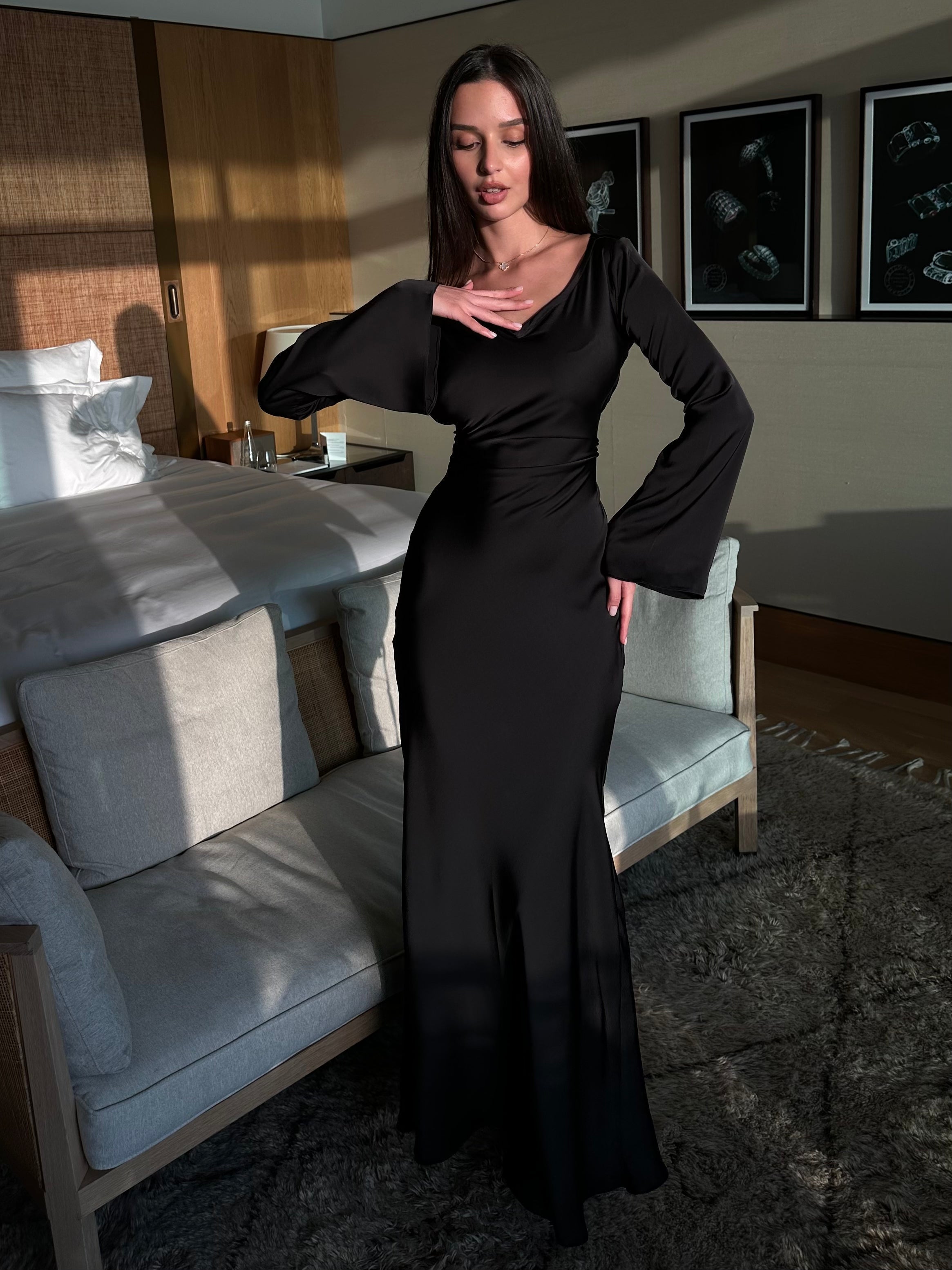 Women's Elegant Long Sleeve Satin Maxi Dress with Waist Tie