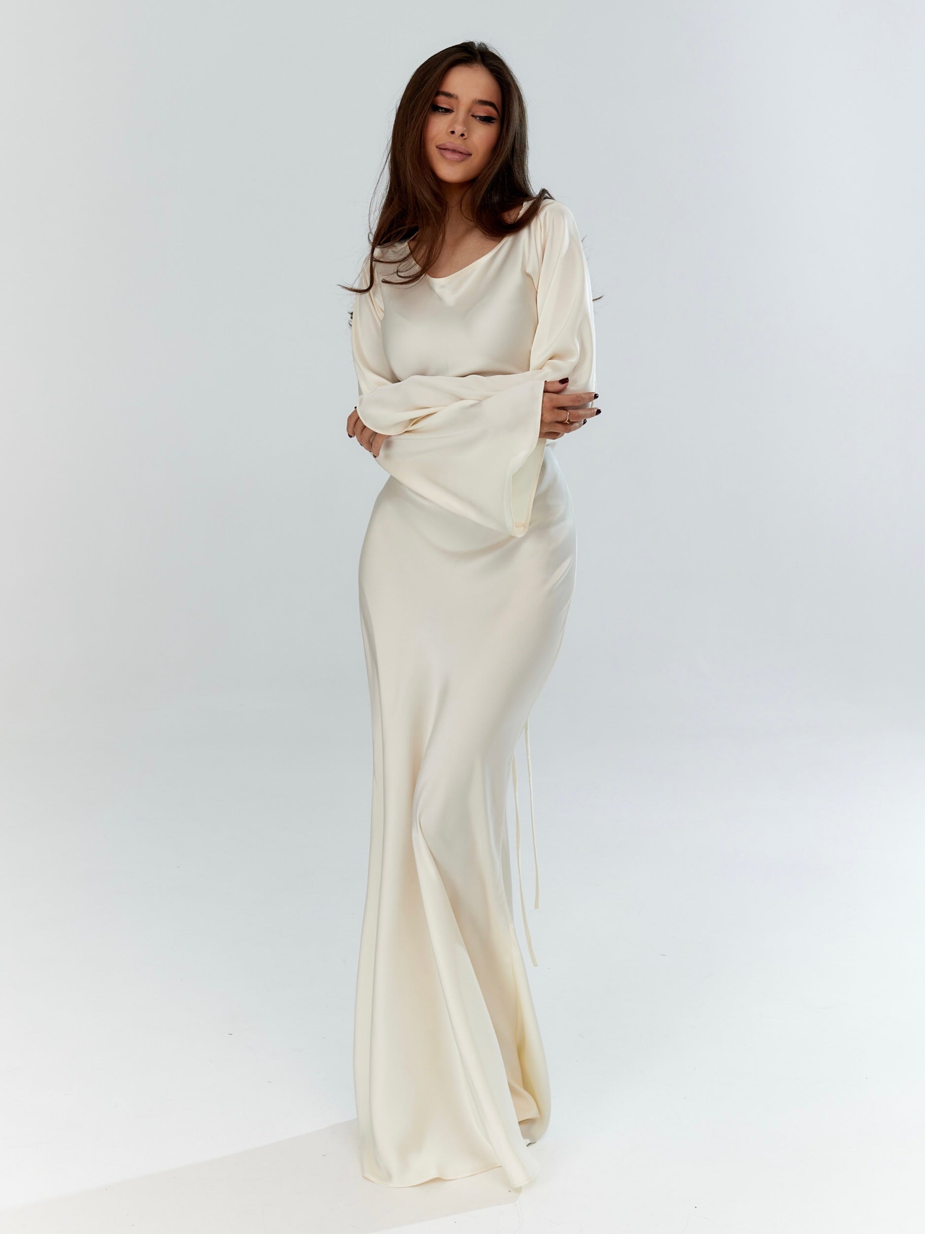 Women's Elegant Long Sleeve Satin Maxi Dress with Waist Tie