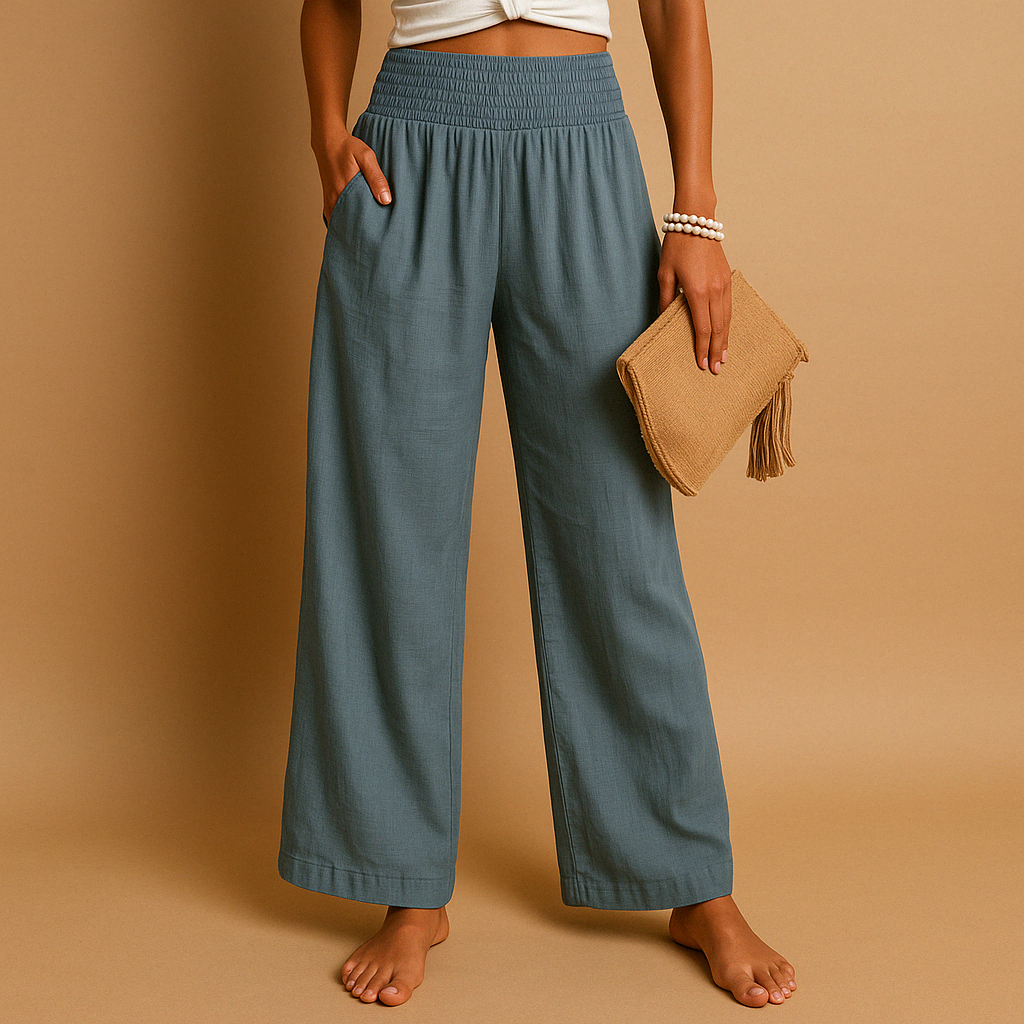 Wide-Leg Linen Trousers with Smocked Elastic Waist
