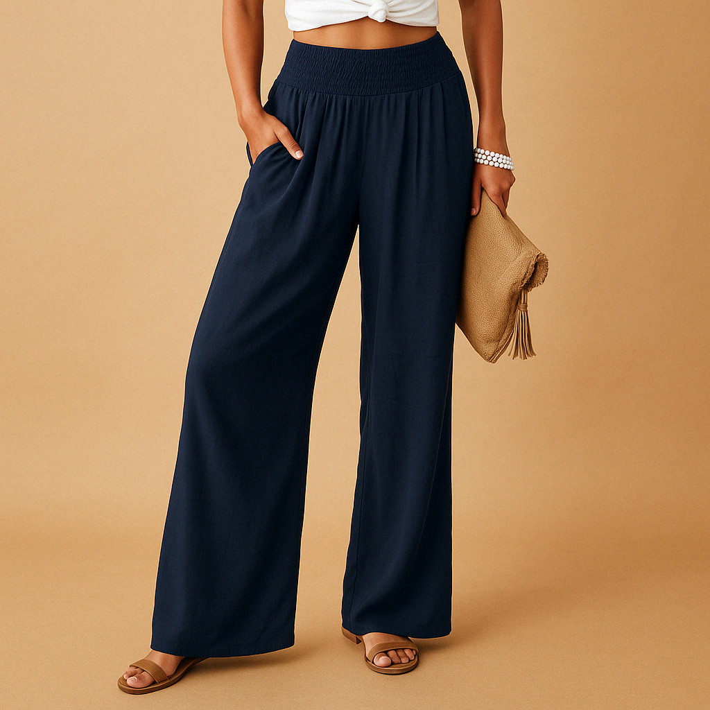 Wide-Leg Linen Trousers with Smocked Elastic Waist