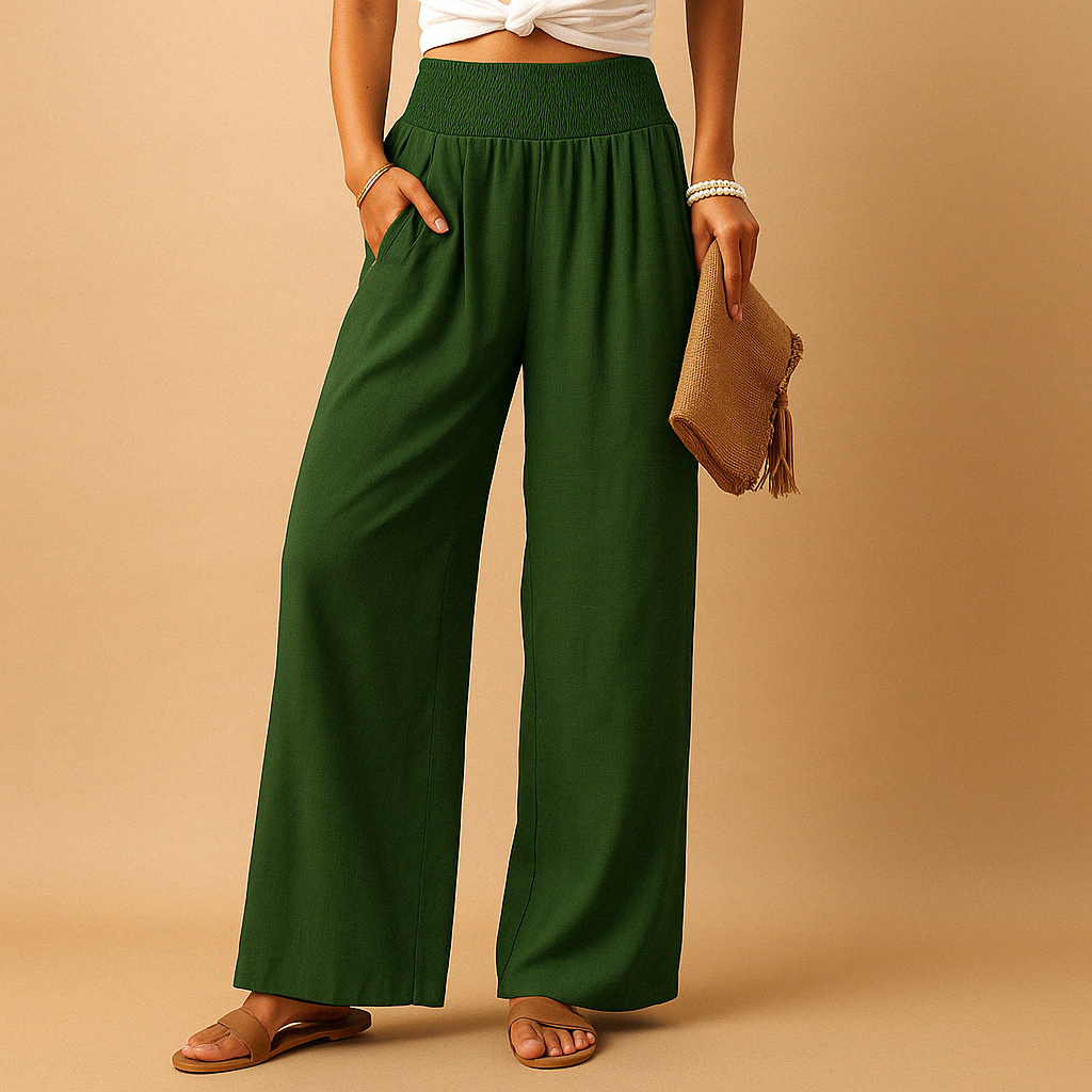 Wide-Leg Linen Trousers with Smocked Elastic Waist