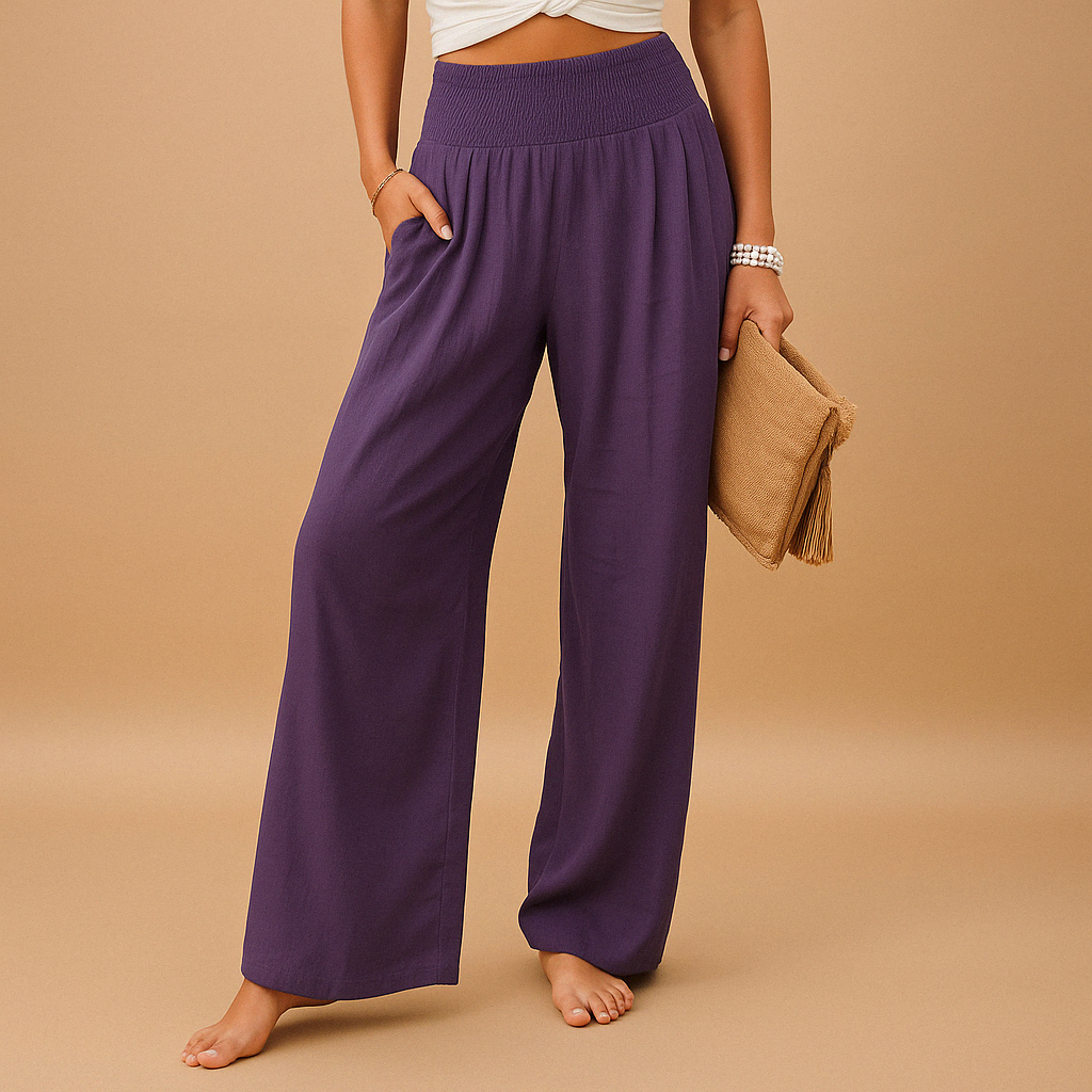 Wide-Leg Linen Trousers with Smocked Elastic Waist
