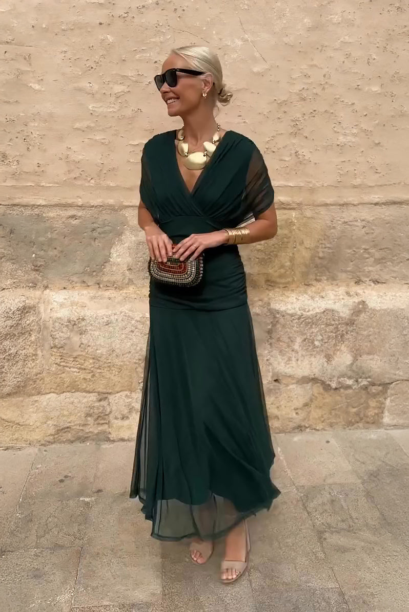 Wrap Maxi Dress with Flutter Sleeves and Sheer Overlay