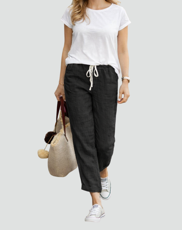 Linen Trousers with Drawstring Waist and Tapered Leg