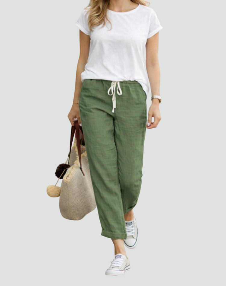 Linen Trousers with Drawstring Waist and Tapered Leg