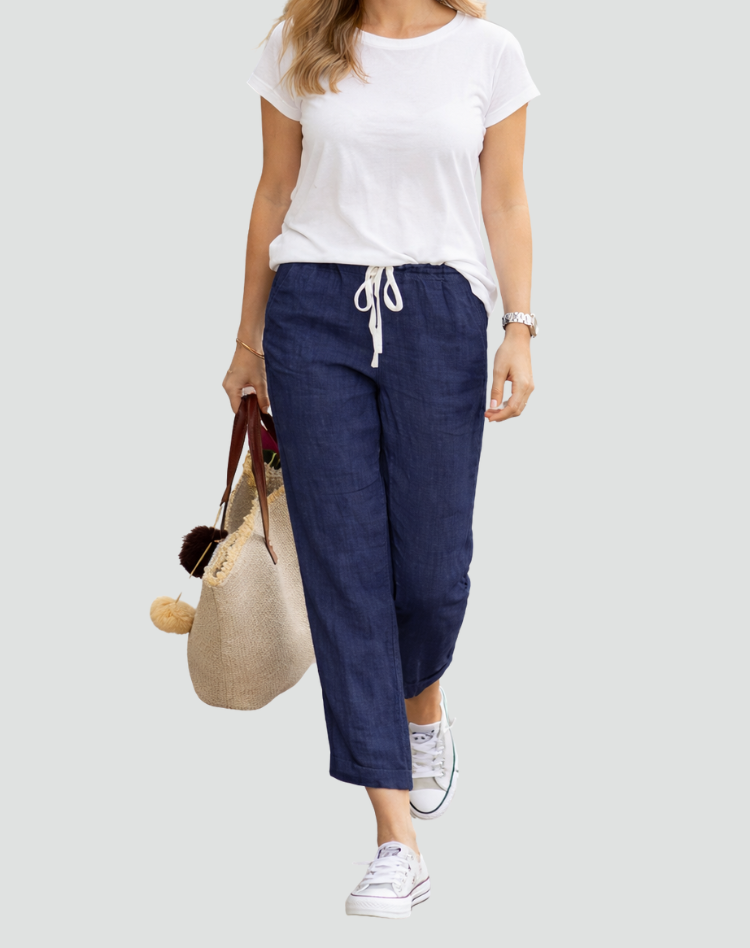 Linen Trousers with Drawstring Waist and Tapered Leg