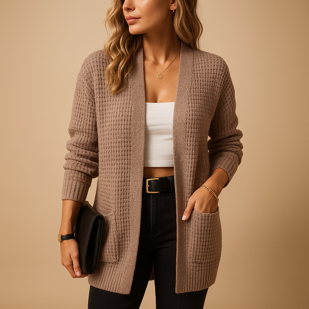 Cardigan long tricoté pour femme, ouvert sur le devant et doté de poches