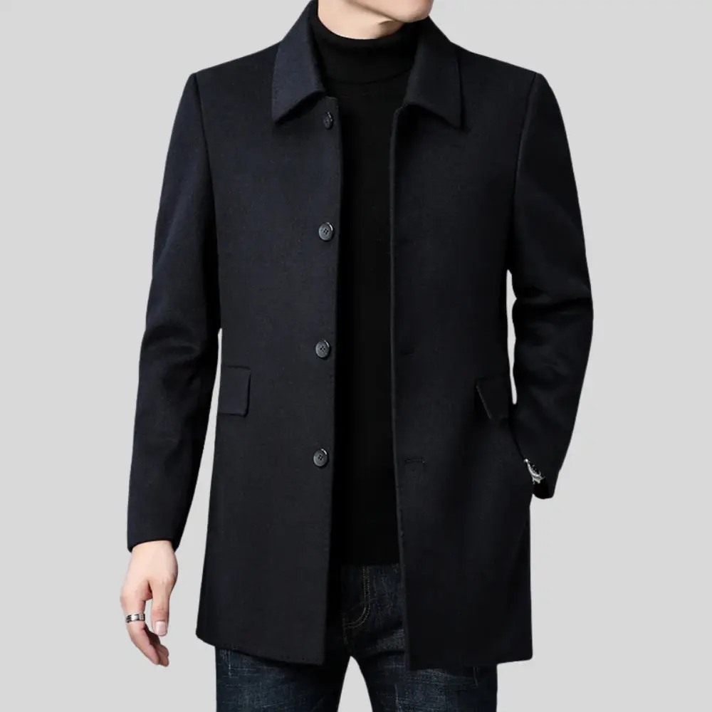 Manteau long ajusté à boutonnage simple pour hommes