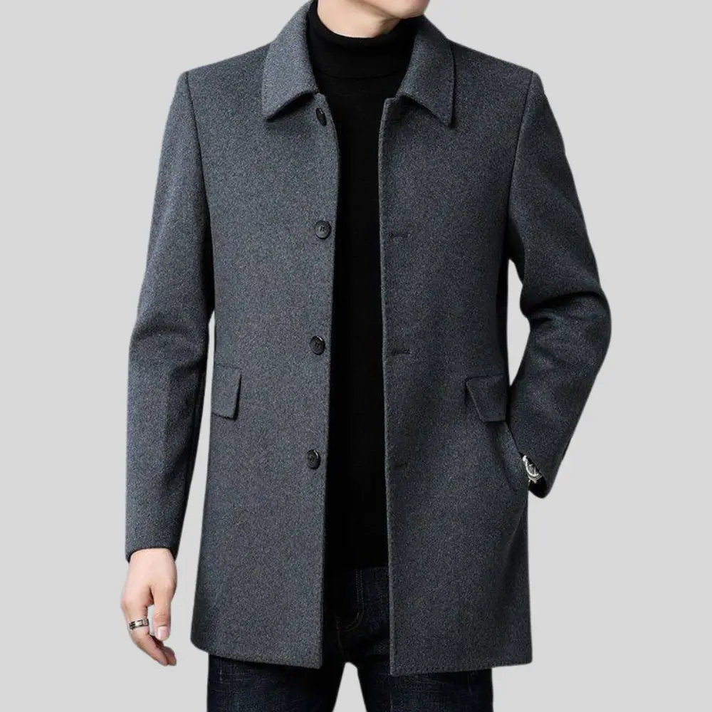 Manteau long ajusté à boutonnage simple pour hommes