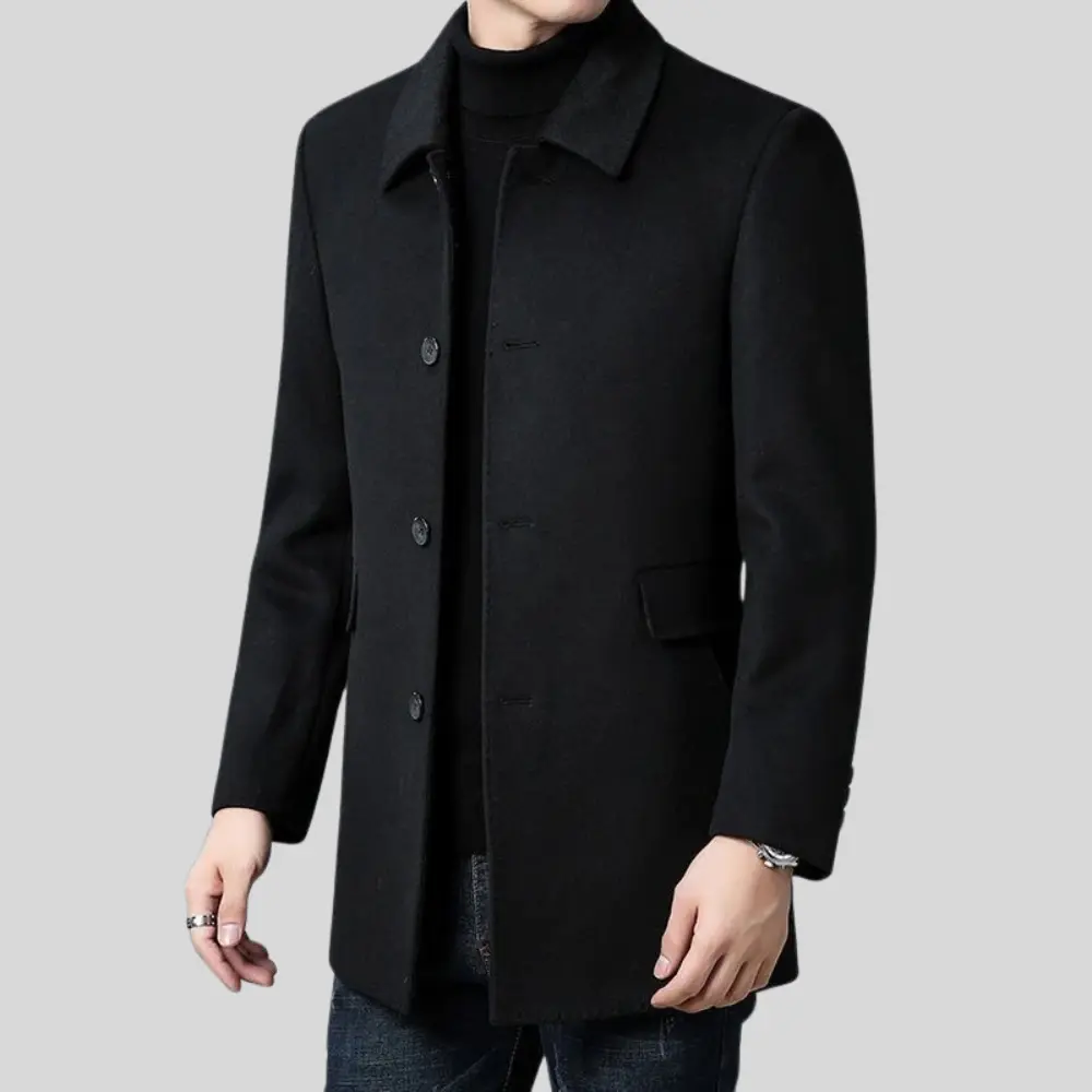 Manteau long ajusté à boutonnage simple pour hommes