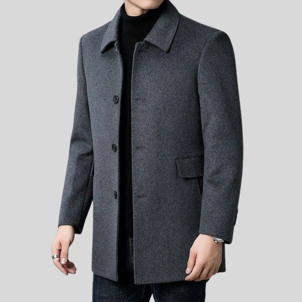 Manteau long ajusté à boutonnage simple pour hommes