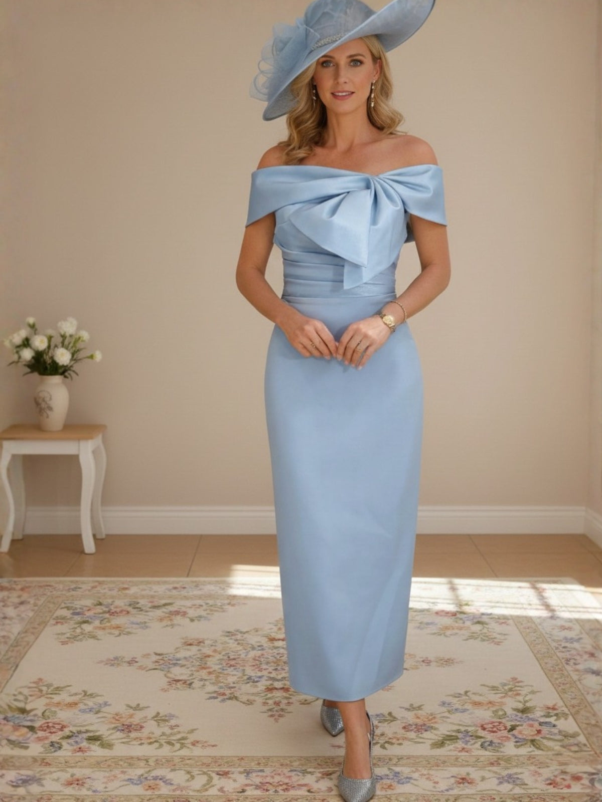 Off-Shoulder Midi Dress with Bow Detail for Occasion Wear