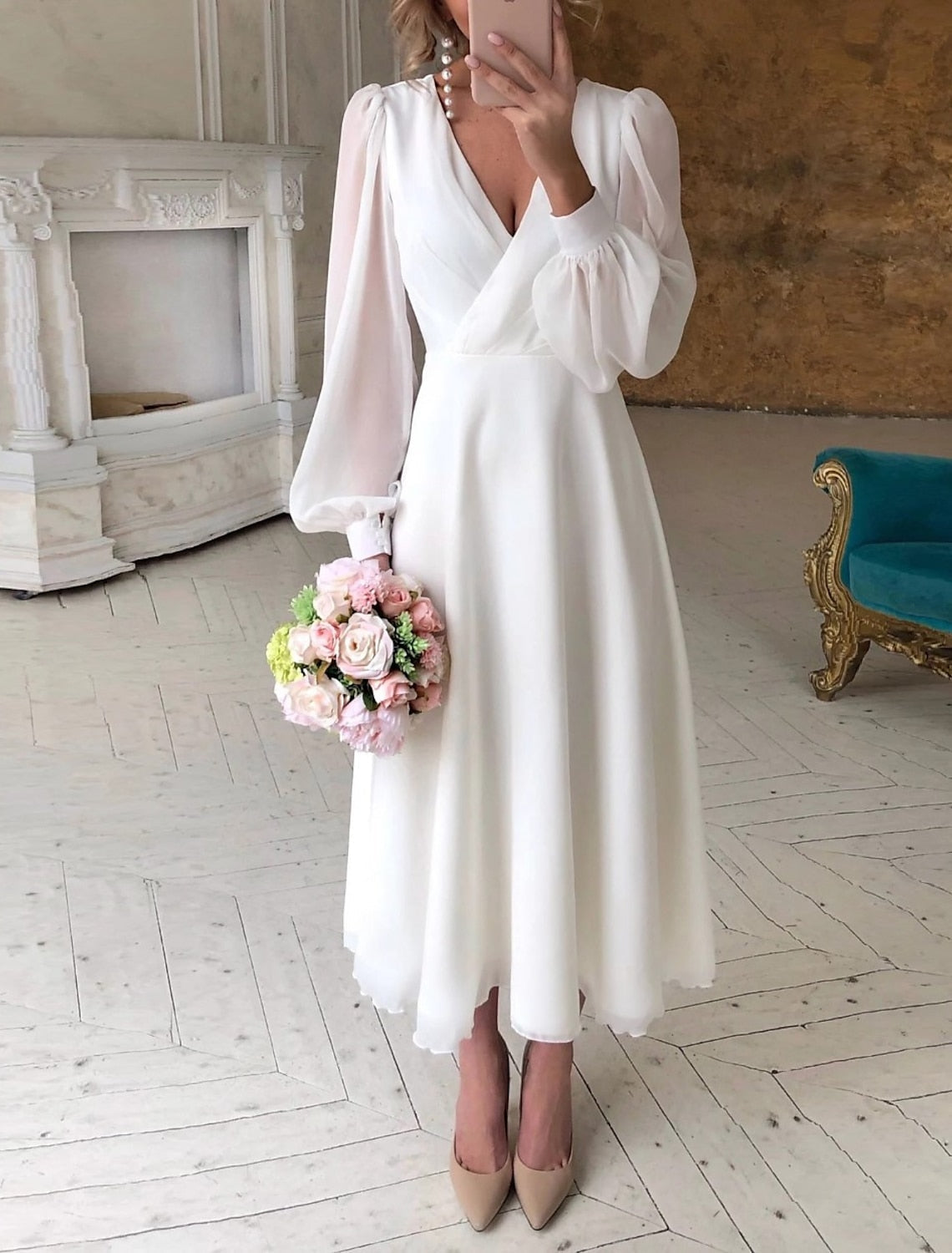 Women's Long Sleeve V-Neck Bridal Midi Dress