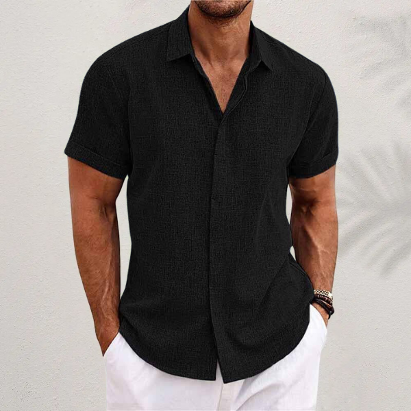 Linen Short-Sleeve Shirt with Spread Collar