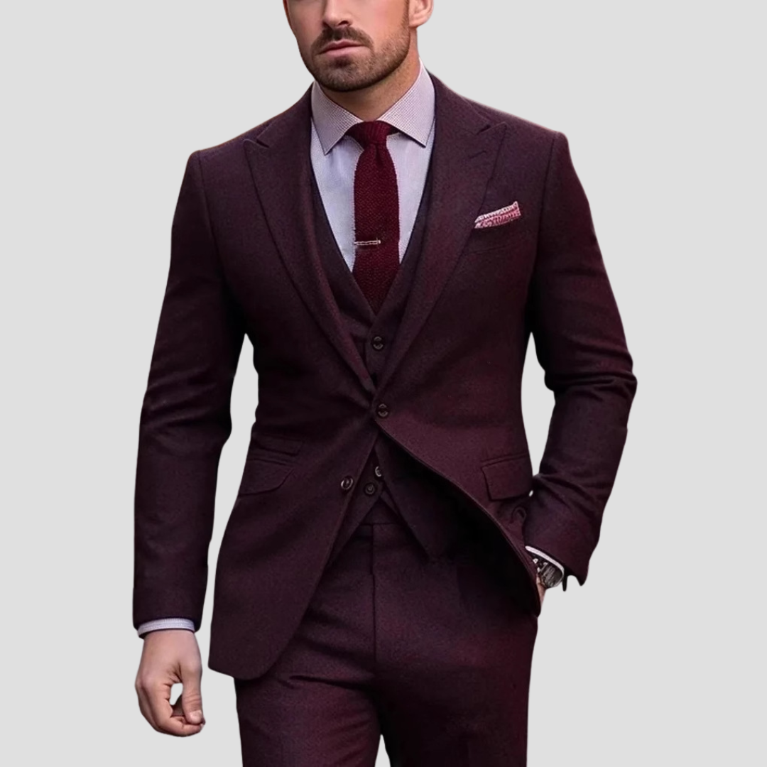 Tailored Three-Piece Suit with Silver Chain Accent