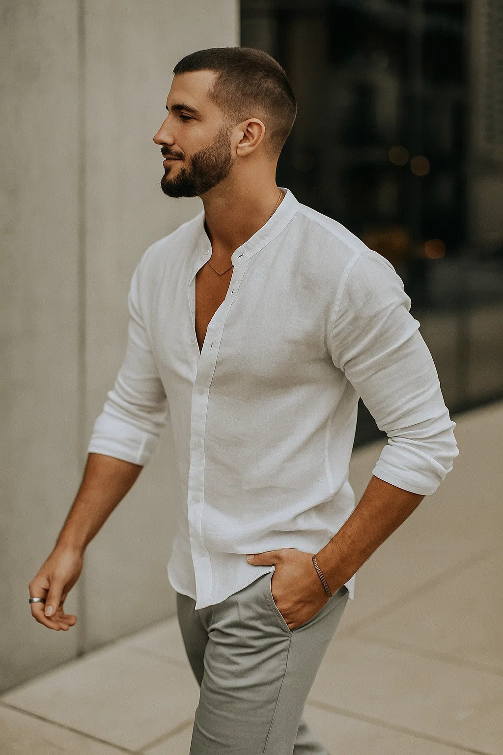 Linen Grandad Collar Shirt with Long Sleeves and Relaxed Fit