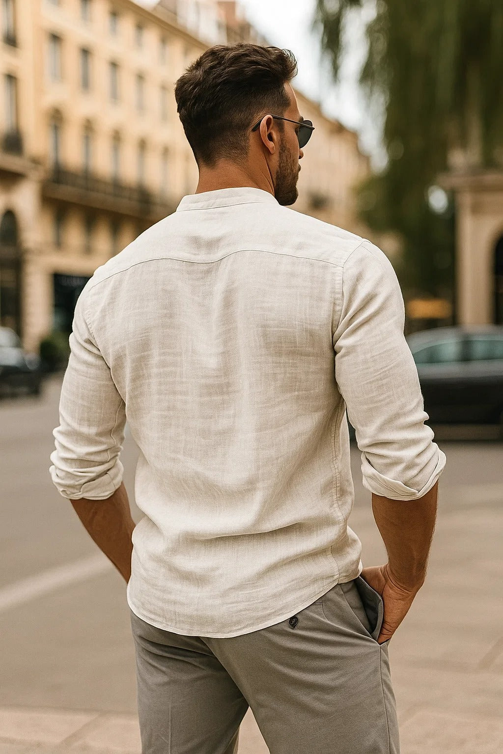 Linen Grandad Collar Shirt with Long Sleeves and Relaxed Fit