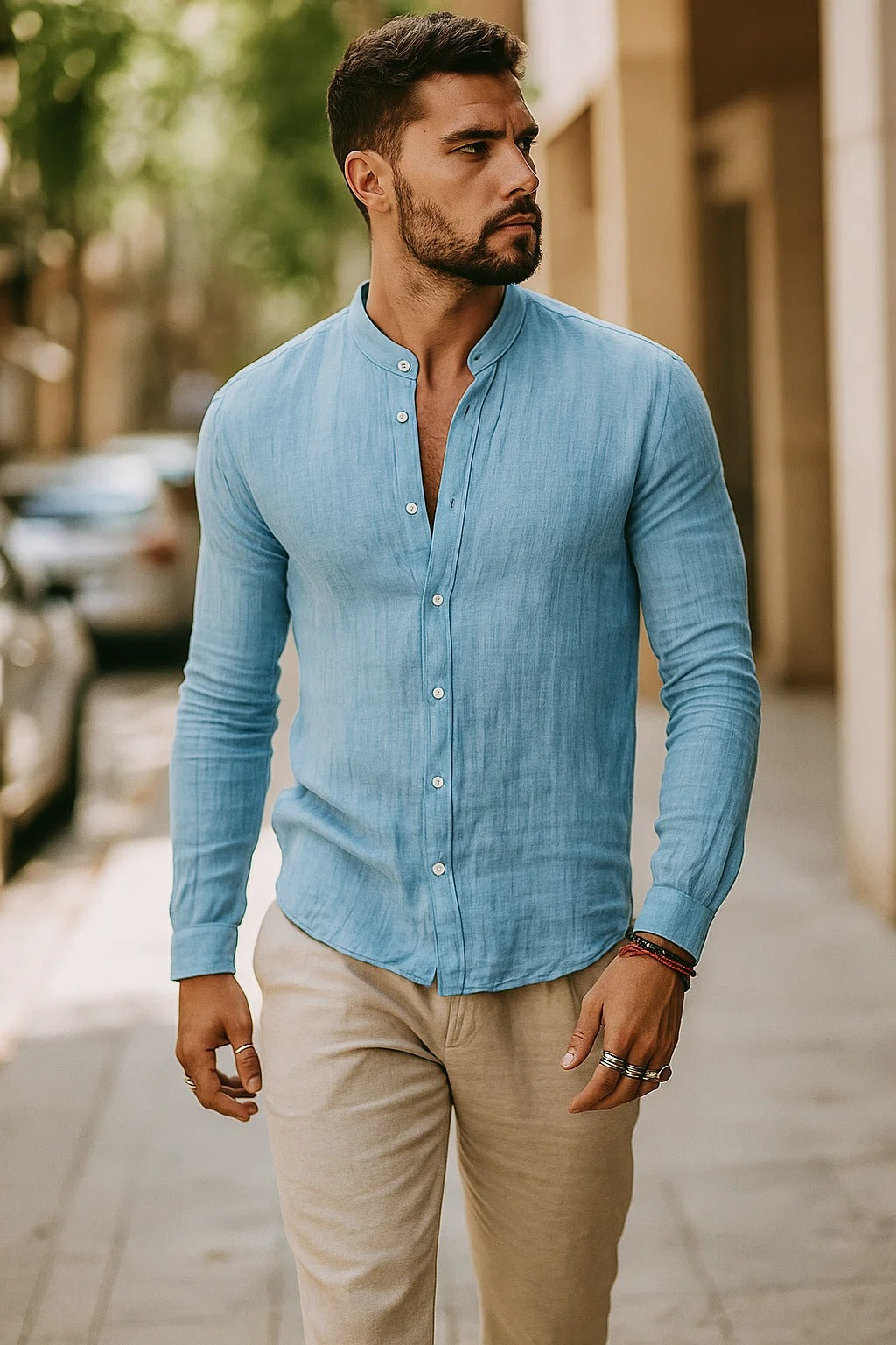Linen Grandad Collar Shirt with Long Sleeves and Relaxed Fit