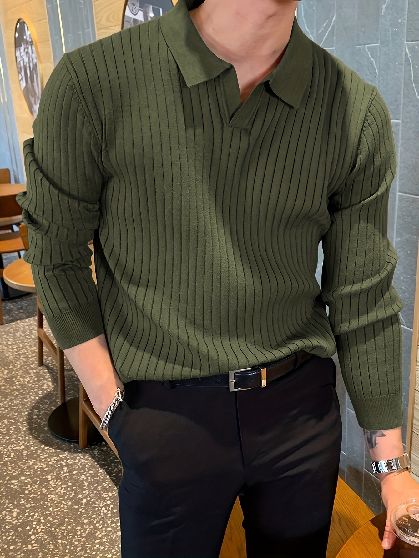 Men's Ribbed Knit Polo Jumper