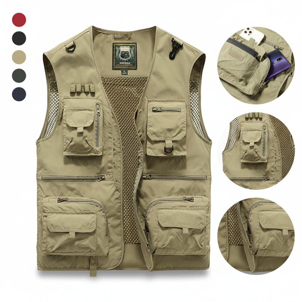 Multi-Pocket Utility Vest with Mesh Lining and Zip Pockets