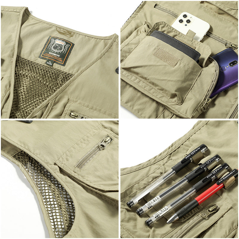 Multi-Pocket Utility Vest with Mesh Lining and Zip Pockets