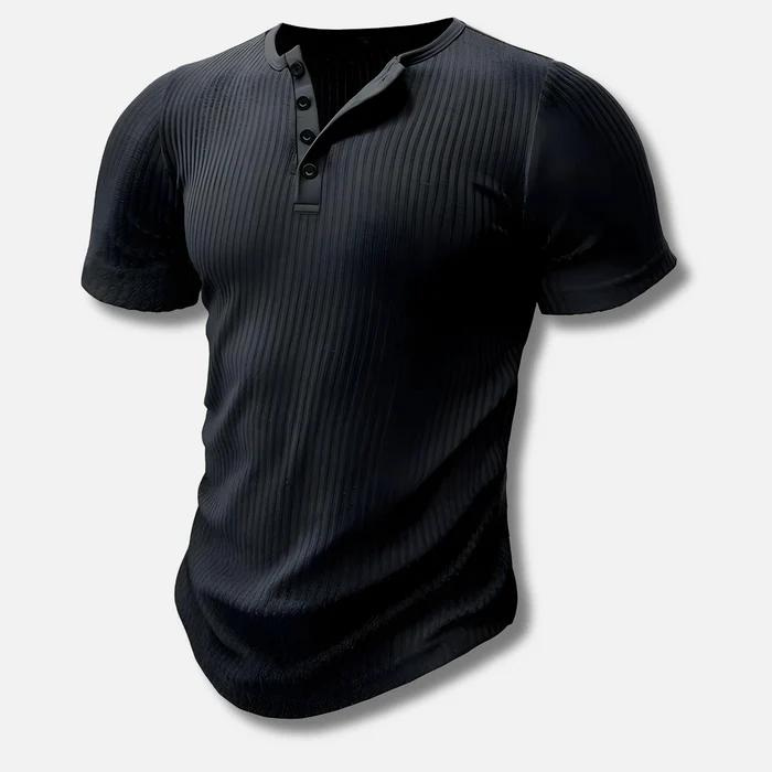 Ribbed Henley T-Shirt with Button Placket