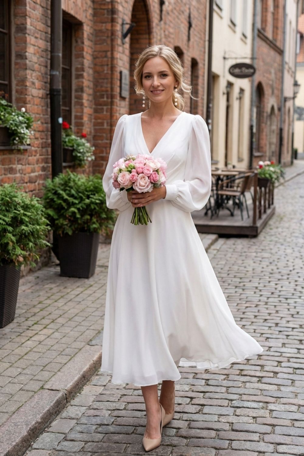 Chiffon Midi Dress with Long Sleeves