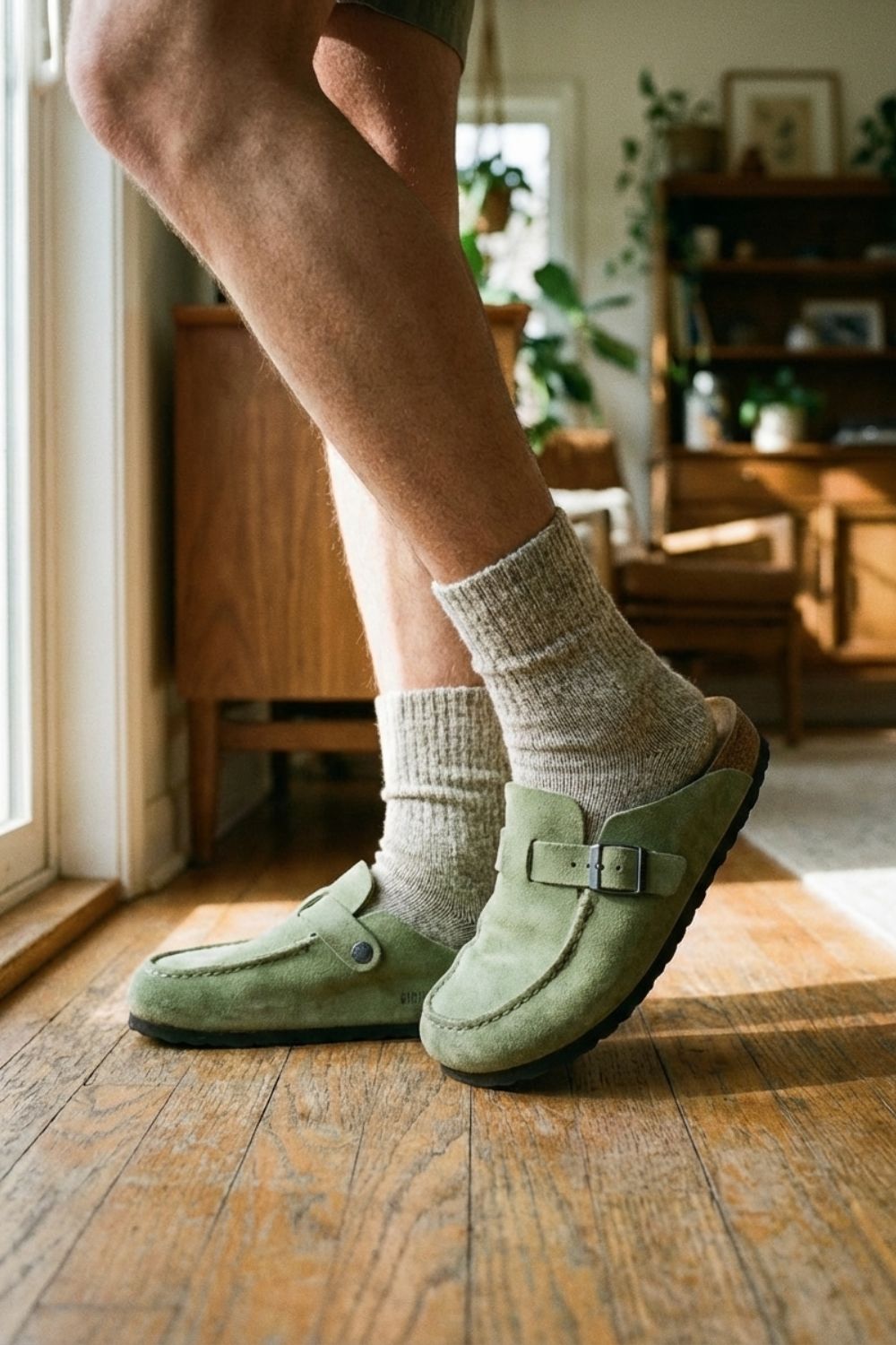 Men's Suede Buckle Clogs with Cork Sole