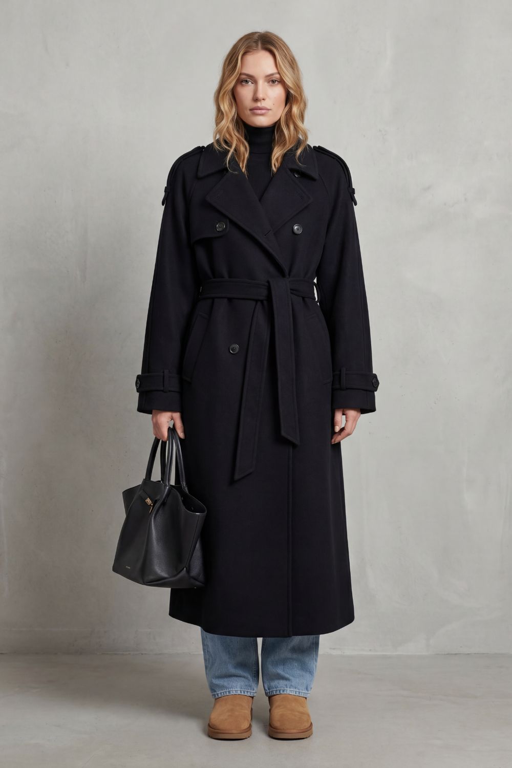 Manteau trench oversize pour femme, en mélange de laine, avec ceinture