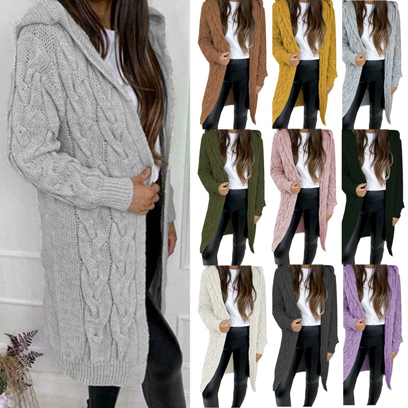 Cardigan à capuche en maille torsadée pour femme | Long et ouvert sur le devant