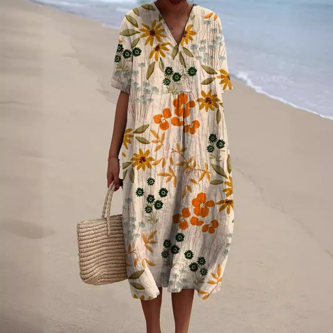 Floral Print Relaxed Fit Midi Dress with V-Neck