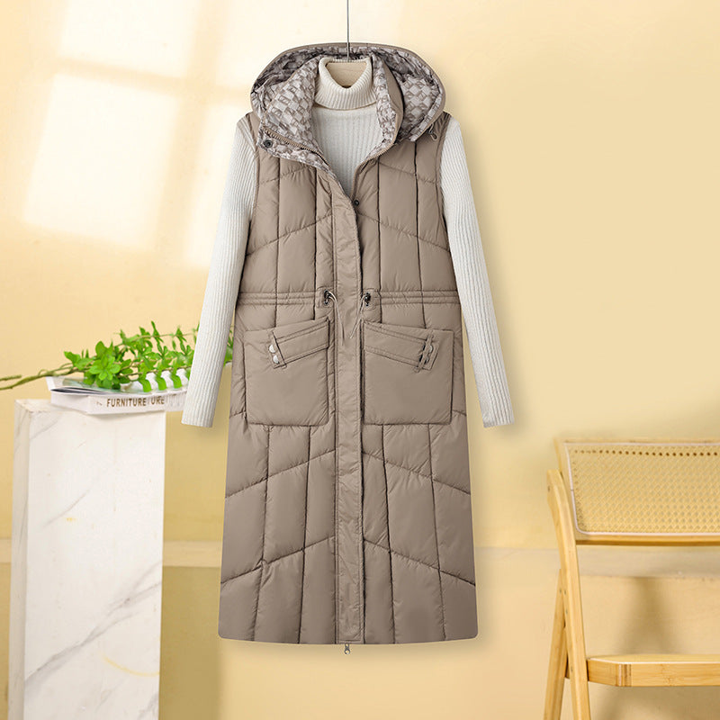 Gilet matelassé long à capuche pour femme, avec taille à cordon de serrage