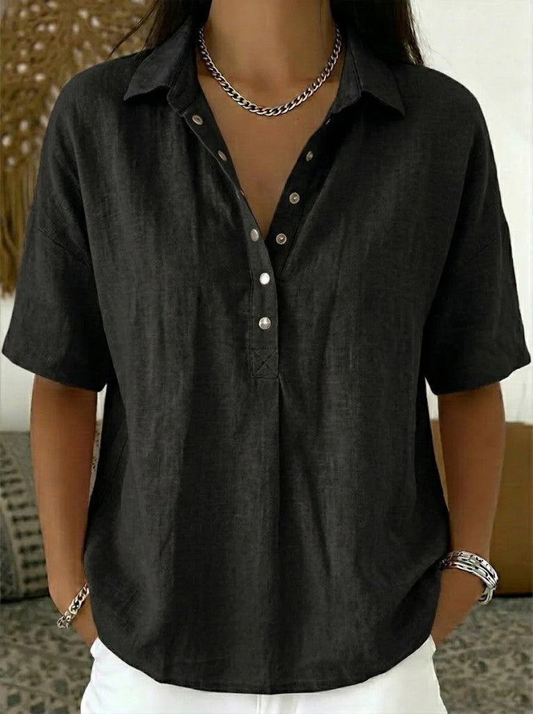 Women's Relaxed Button Neck Short Sleeve Blouse